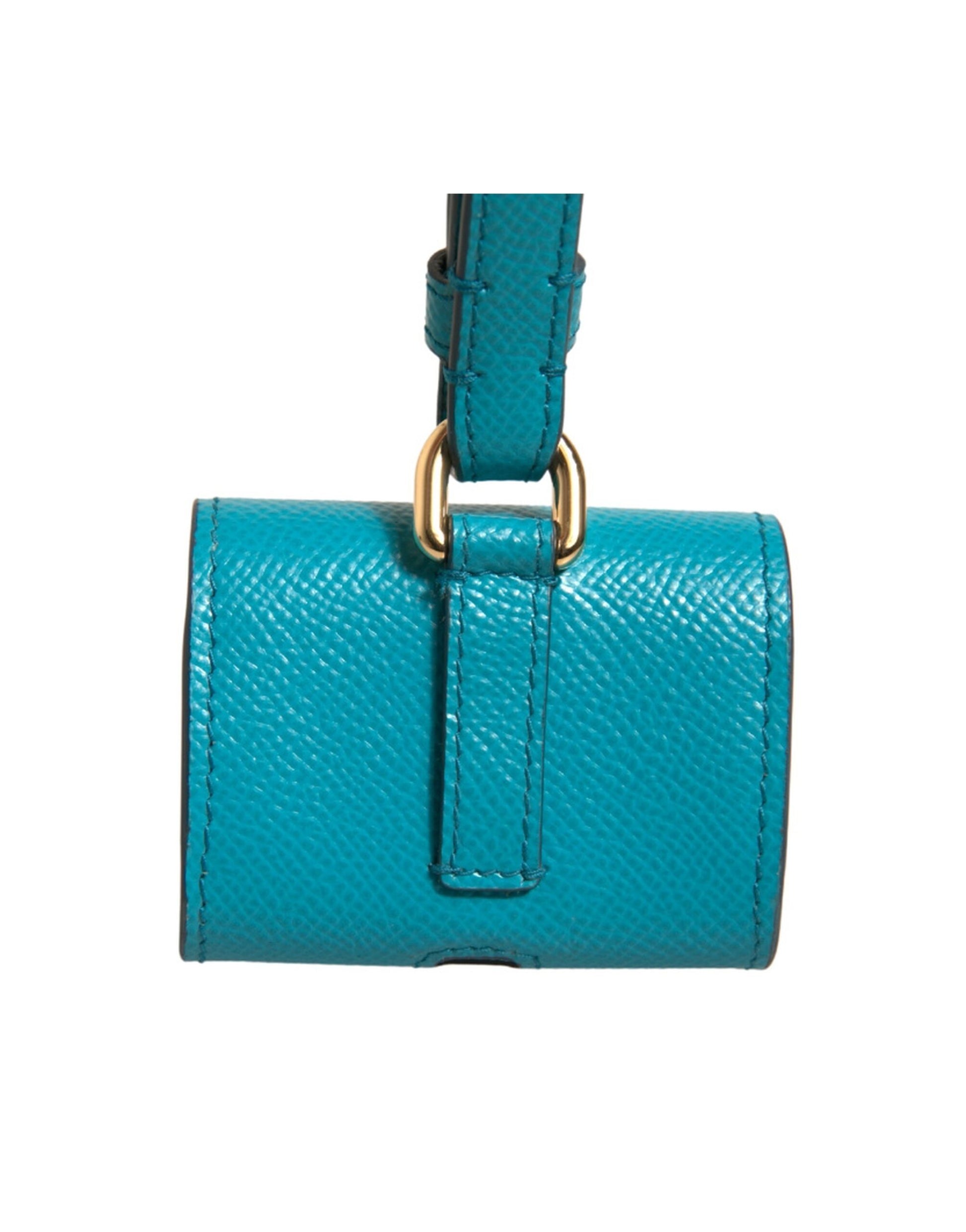 Airpods-Hülle aus Leder mit grünem Logo-Schild und goldenem Metallband