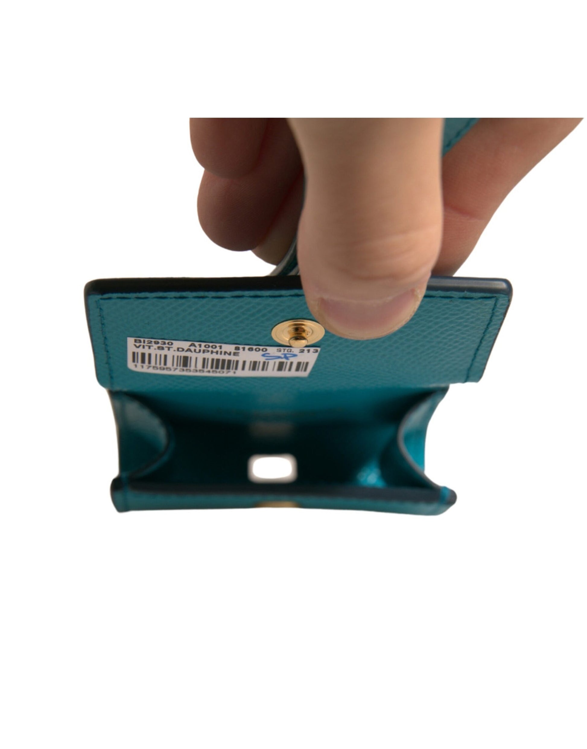 Airpods-Hülle aus Leder mit grünem Logo-Schild und goldenem Metallband