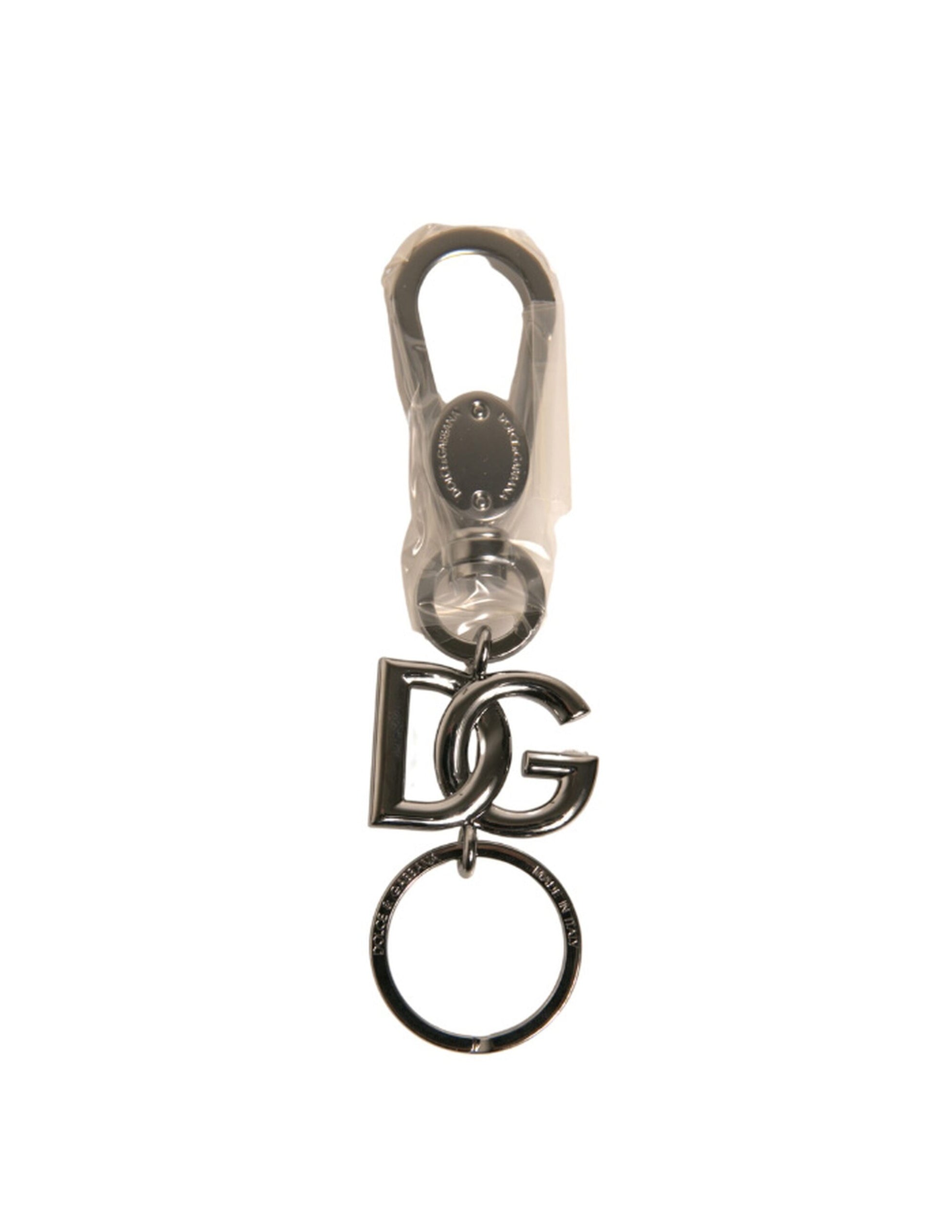 Schlüsselanhänger mit DG-Logo aus Messing, Metallring, silberfarben