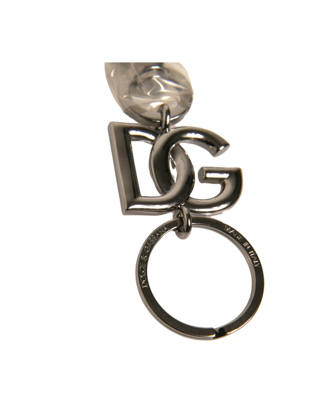 Schlüsselanhänger mit DG-Logo aus Messing, Metallring, silberfarben