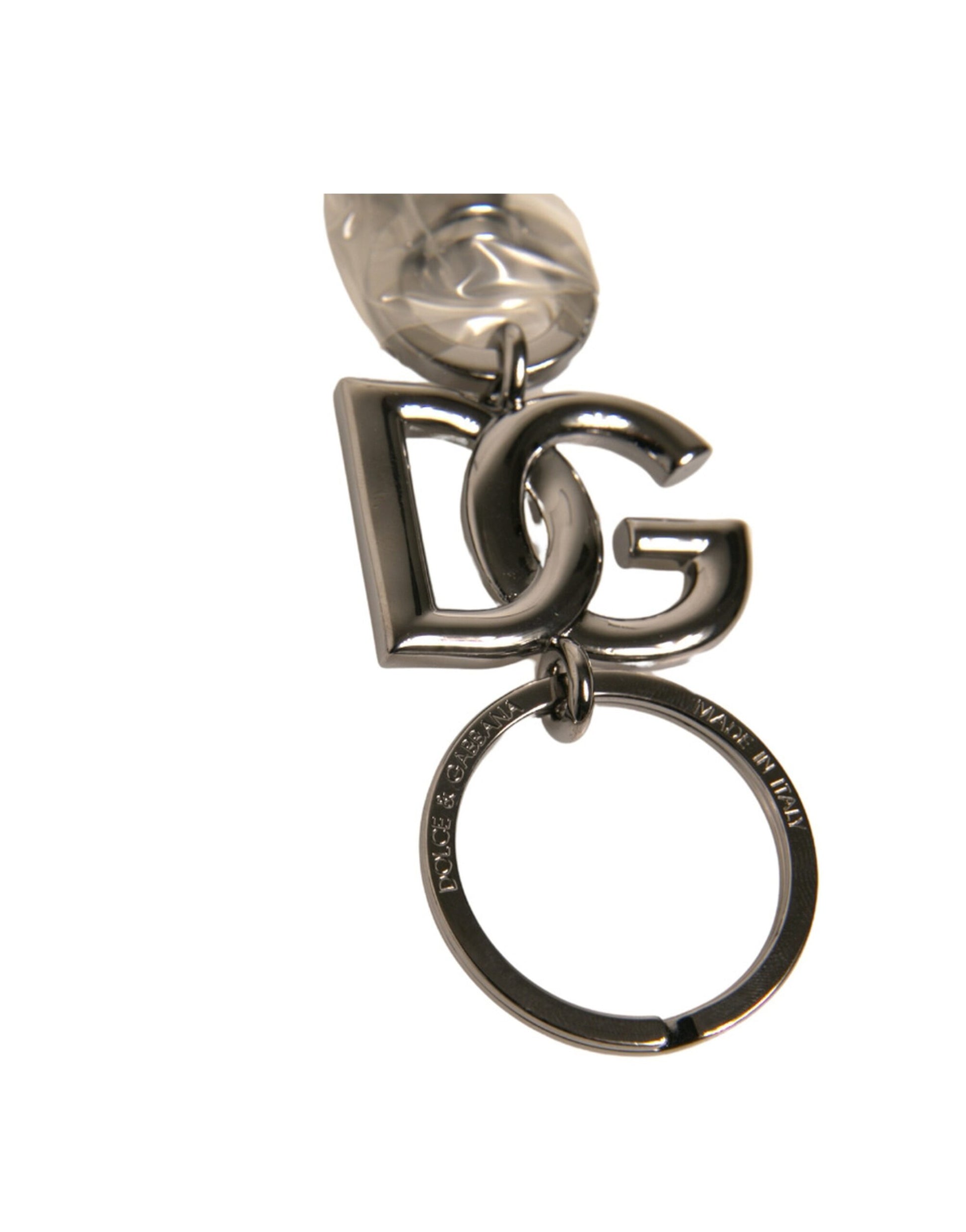 Schlüsselanhänger mit DG-Logo aus Messing, Metallring, silberfarben