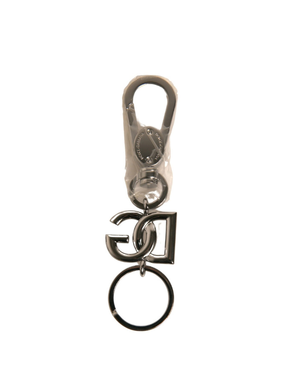 Schlüsselanhänger mit DG-Logo aus Messing, Metallring, silberfarben