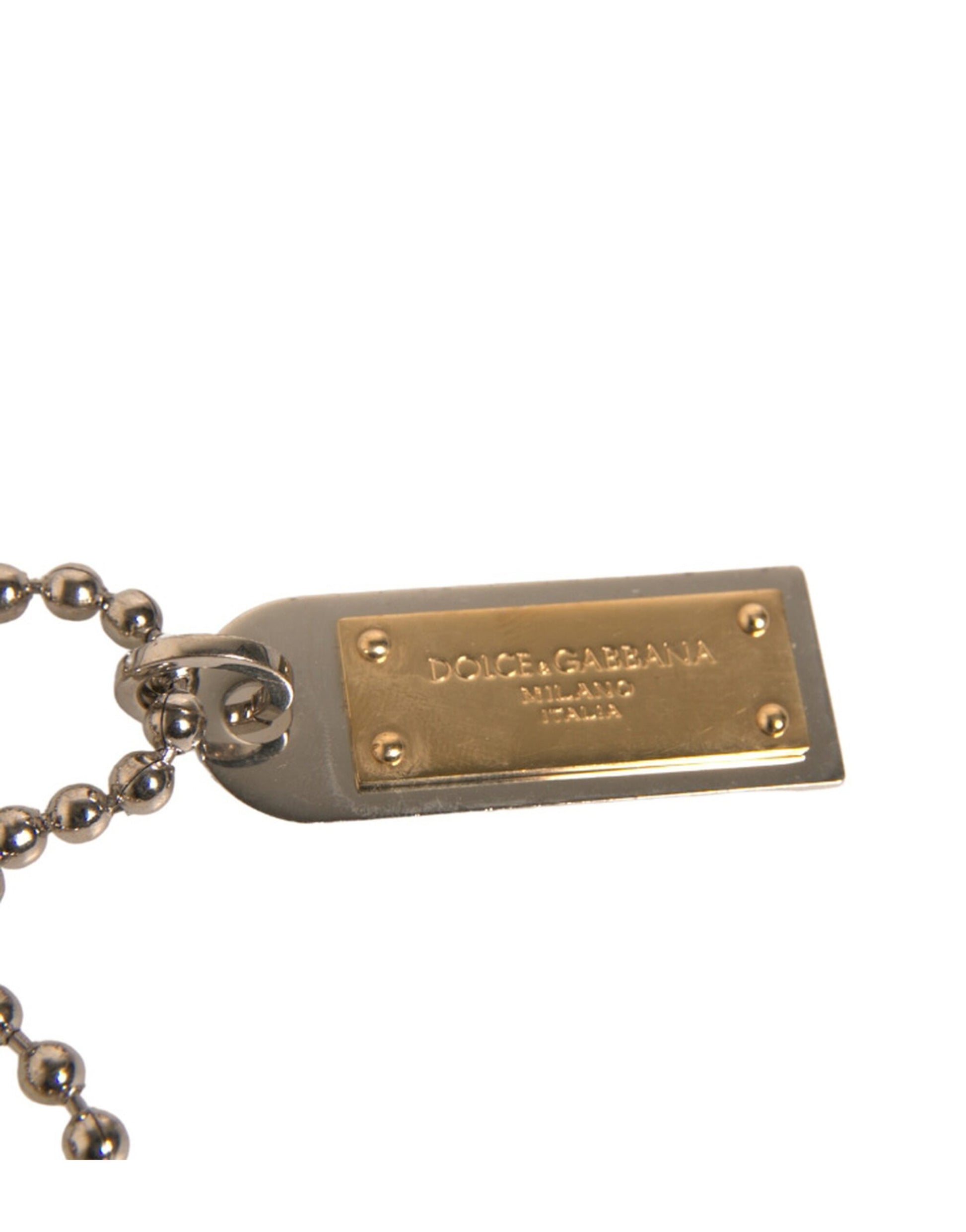 Schlüsselanhänger mit Logo-Plakette aus silberner Messingkette und Perlen