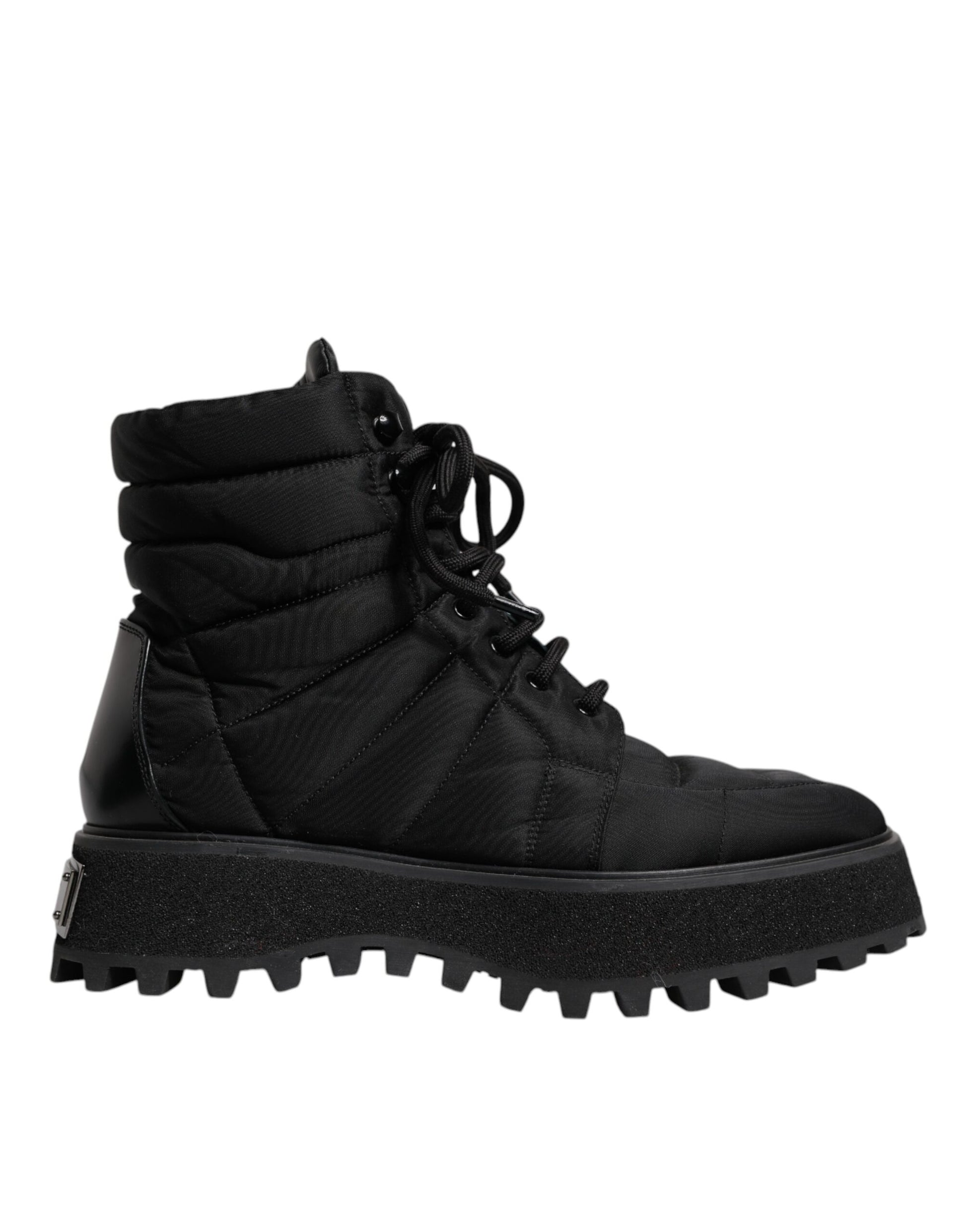 Schwarze, gepolsterte, wadenlange Schnürstiefel