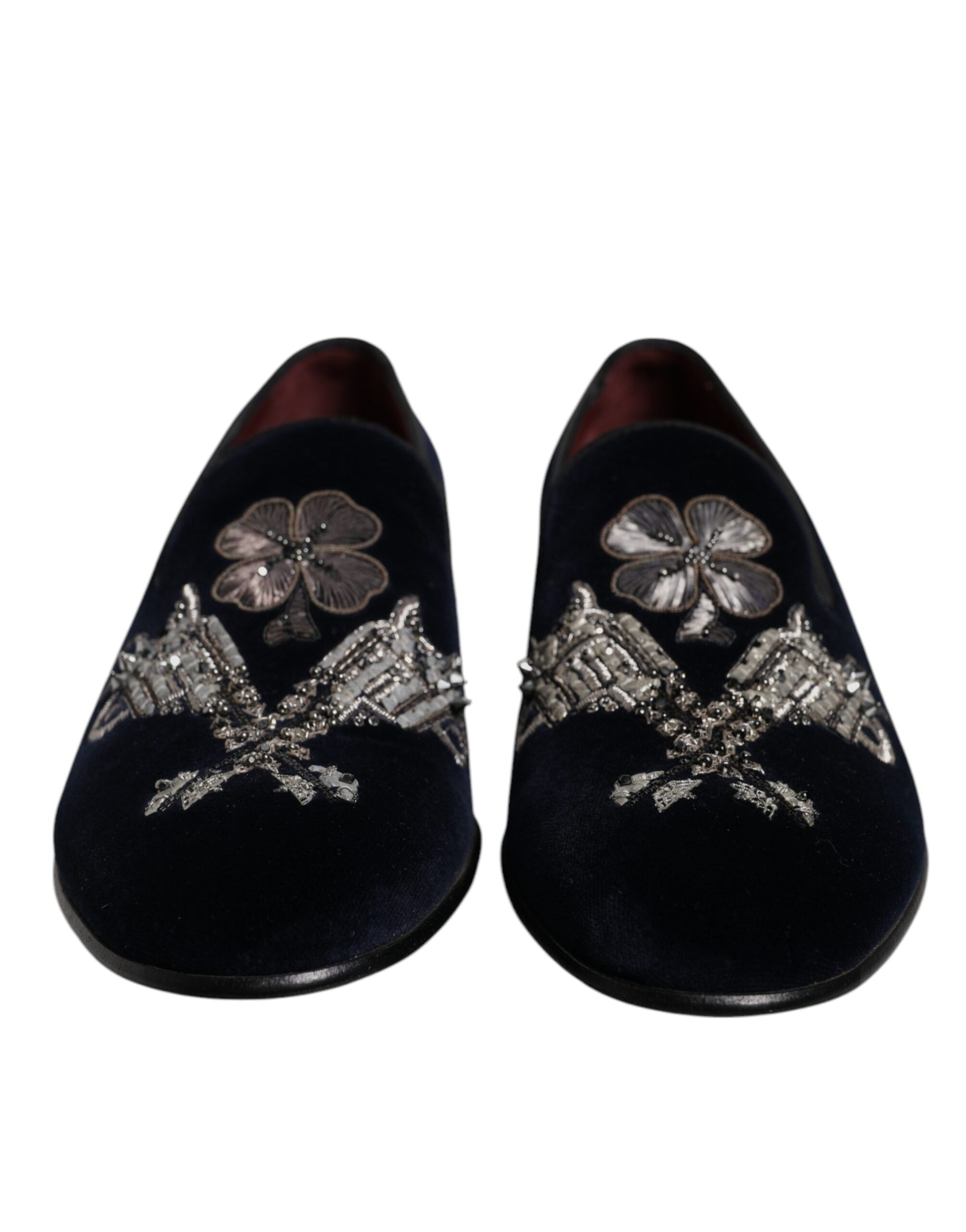 Schwarze Loafer aus Samt mit Blumenmuster und Gun-Print