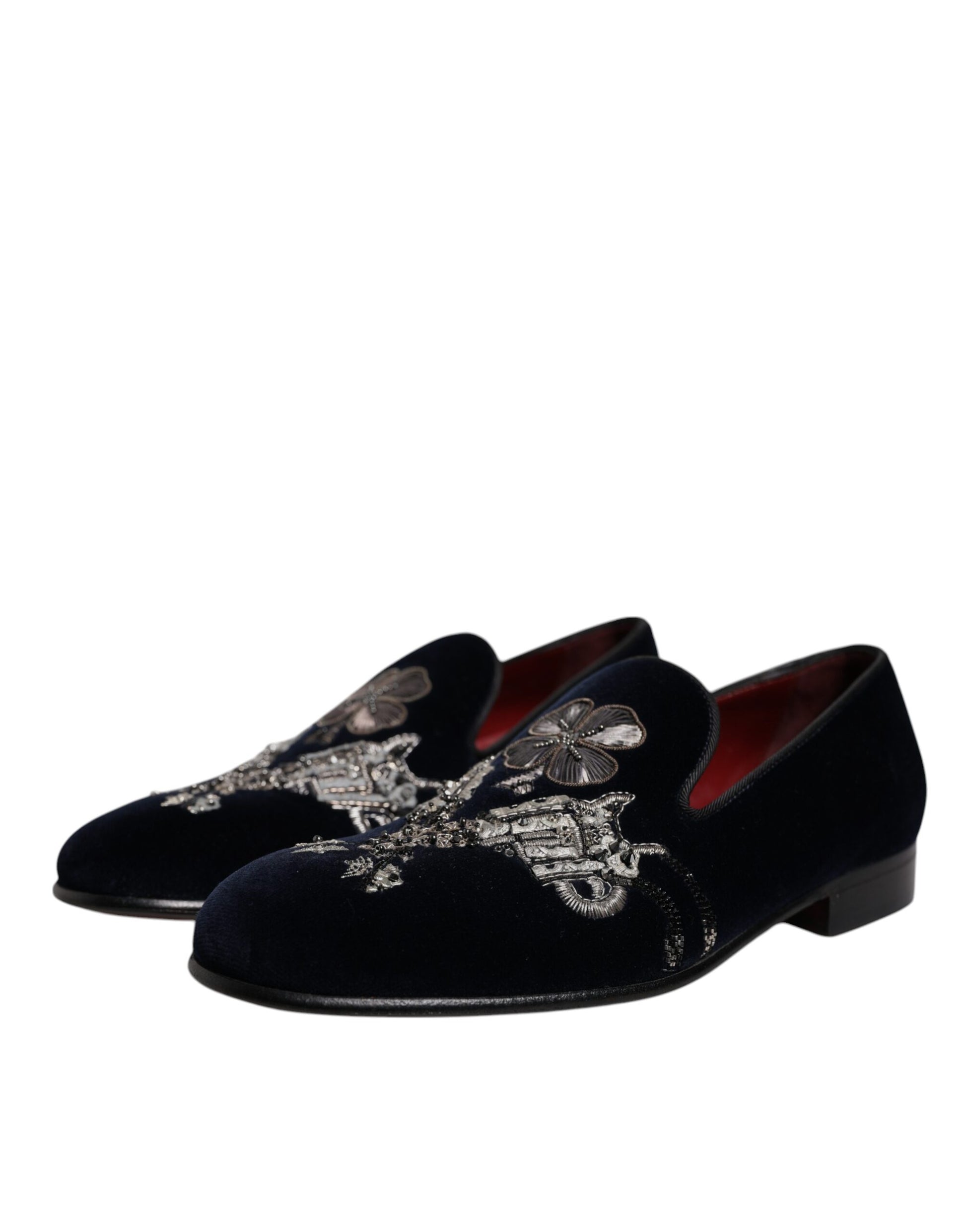 Schwarze Loafer aus Samt mit Blumenmuster und Gun-Print