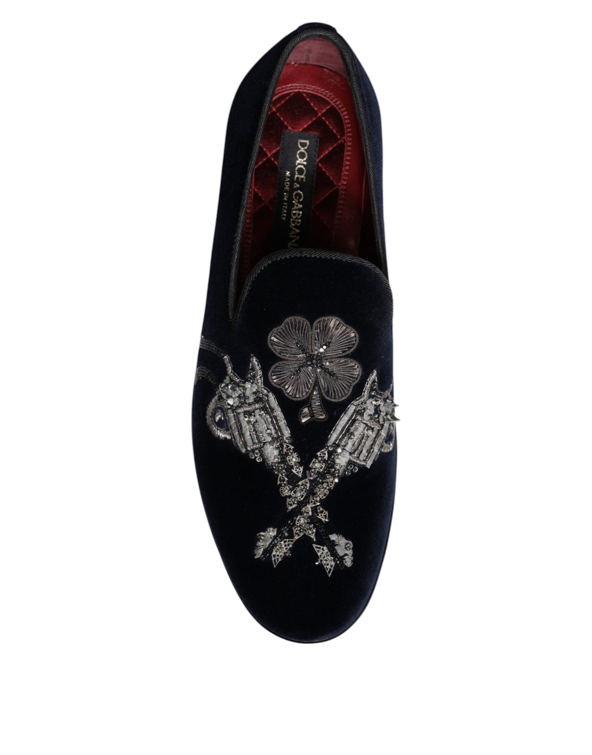 Schwarze Loafer aus Samt mit Blumenmuster und Gun-Print
