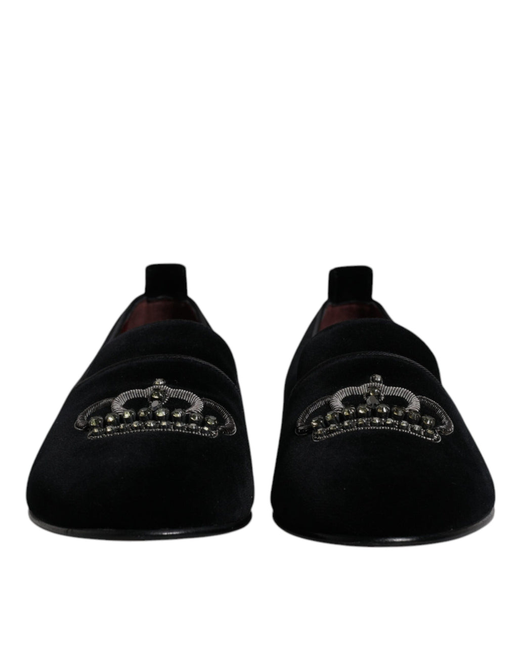 Schwarze Loafer aus Samt mit Kristallkrone und formeller Kleidung