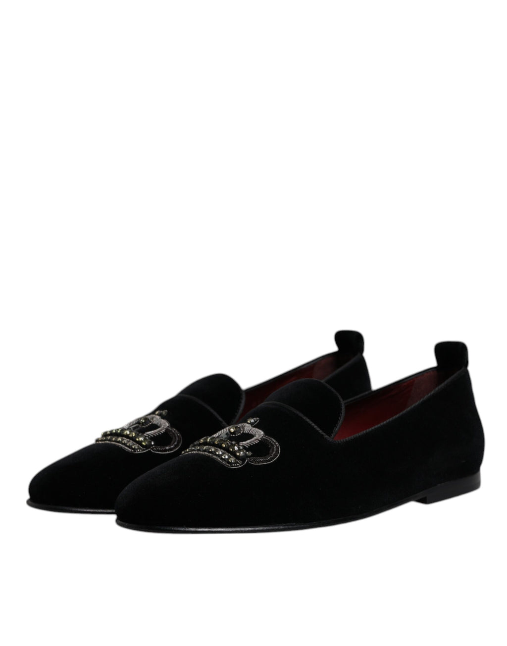 Schwarze Loafer aus Samt mit Kristallkrone und formeller Kleidung