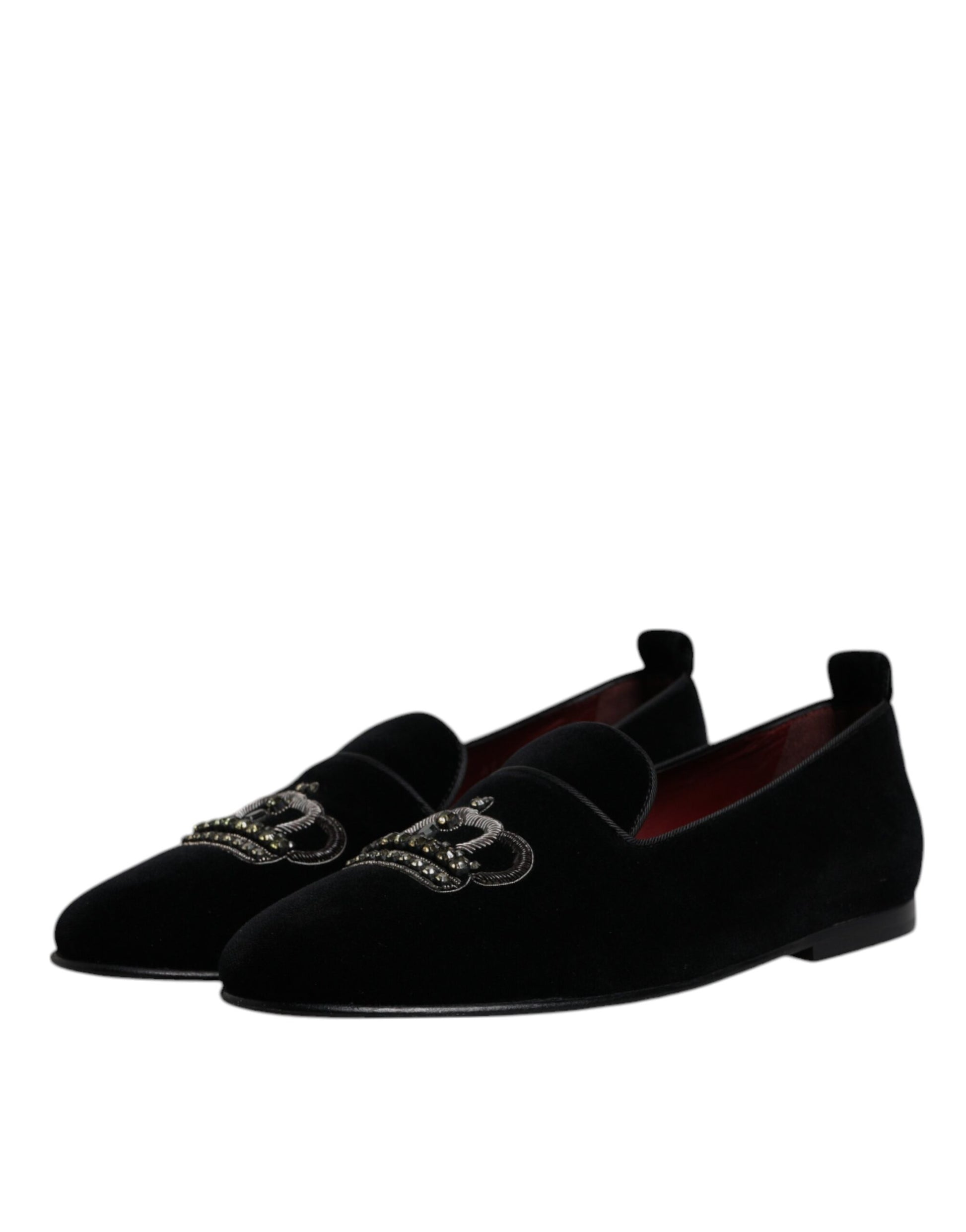 Schwarze Loafer aus Samt mit Kristallkrone und formeller Kleidung