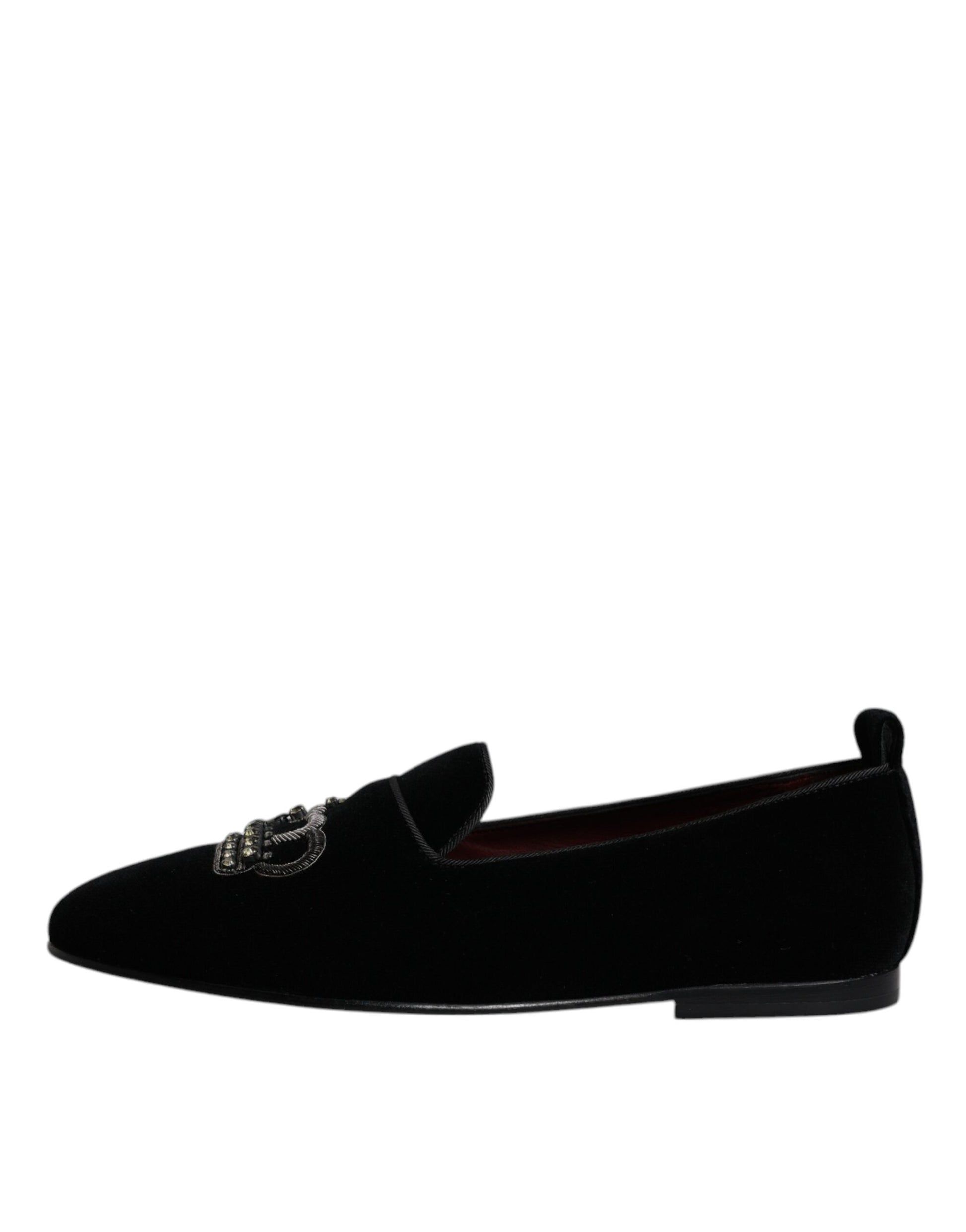 Schwarze Loafer aus Samt mit Kristallkrone und formeller Kleidung