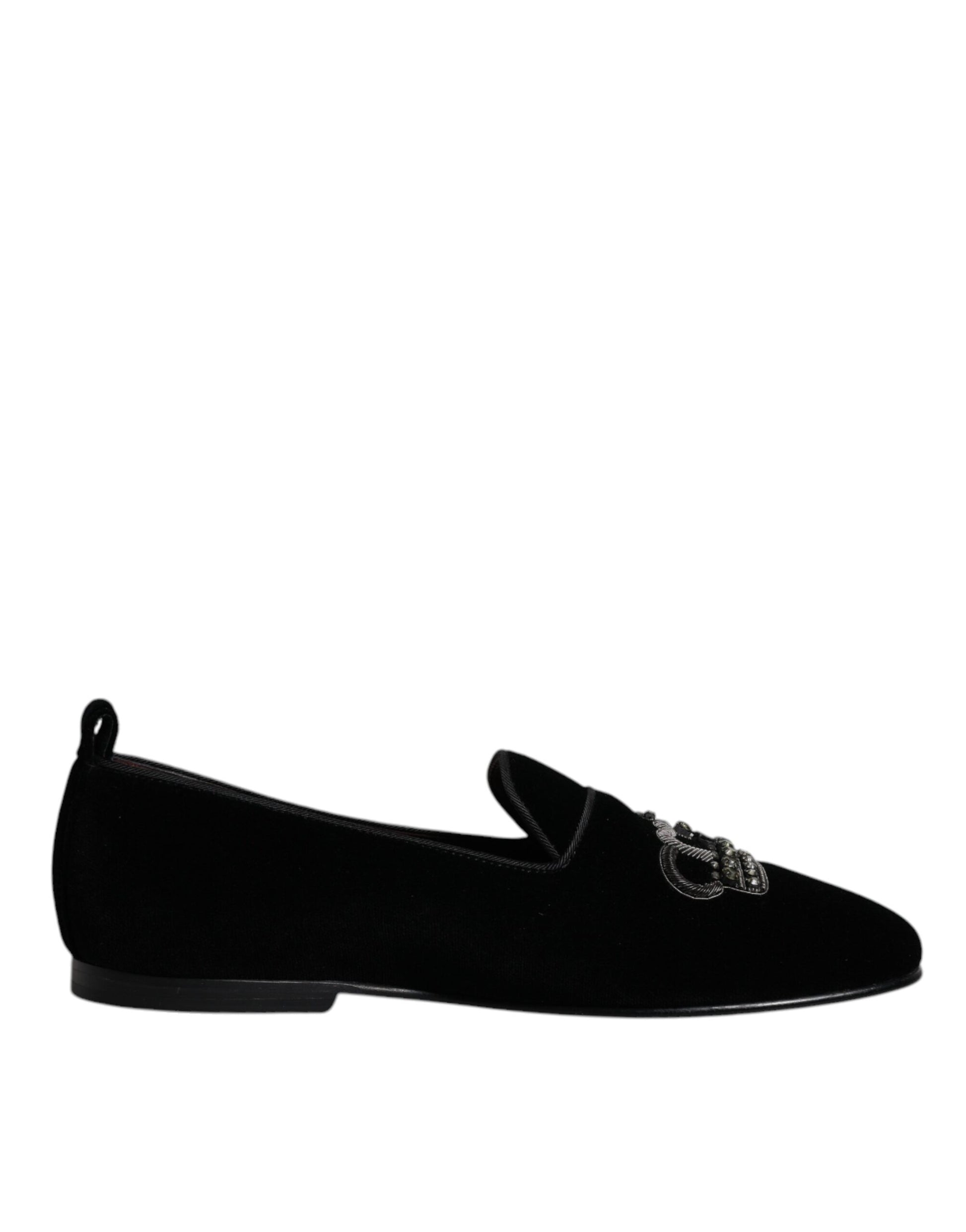 Schwarze Loafer aus Samt mit Kristallkrone und formeller Kleidung