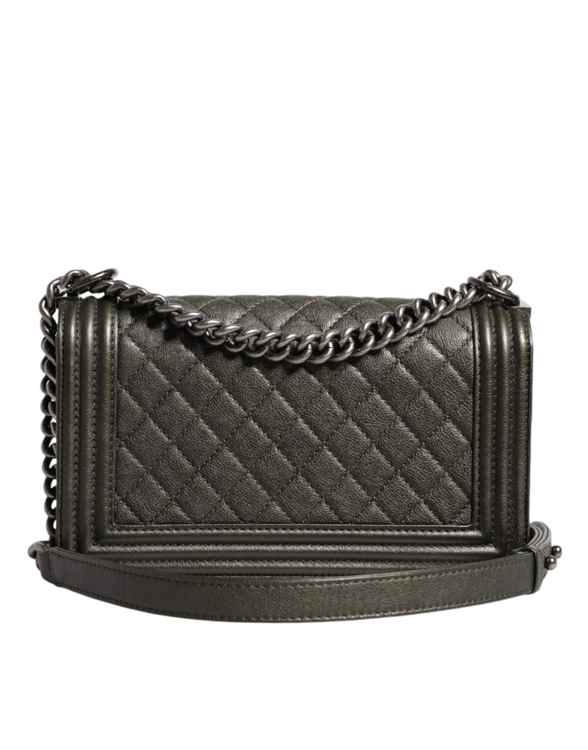 Chanel Dark Green Leather Shoulder Bag Gray Metal Purse Bag