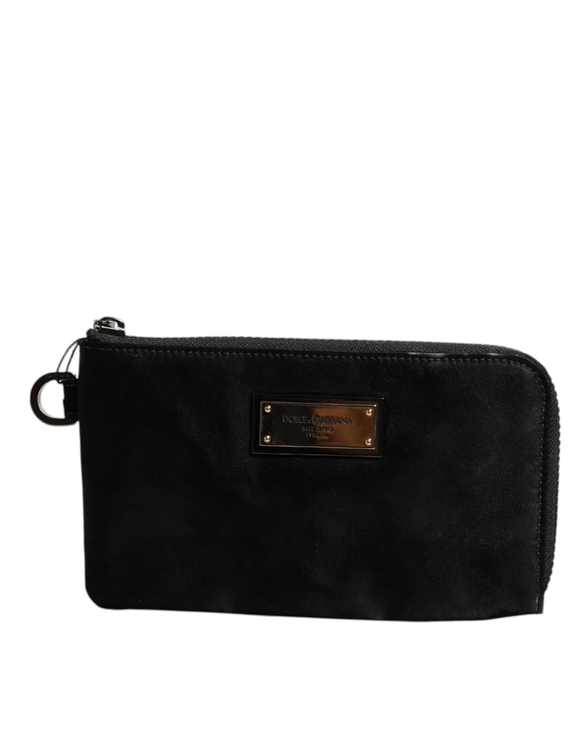 Schwarze Clutch aus Nylon mit Schlüsselring und Logo-Schild