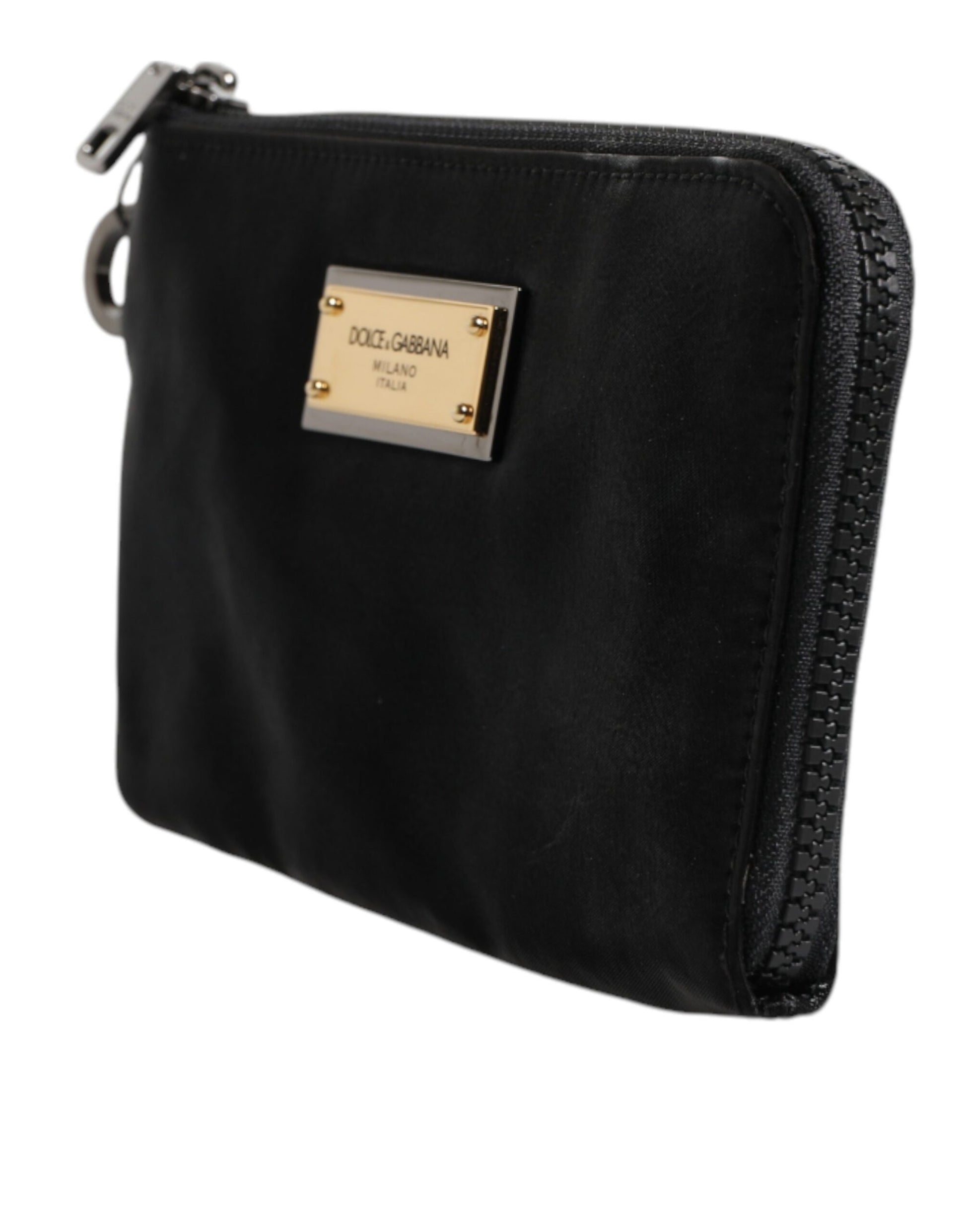 Schwarze Clutch aus Nylon mit Schlüsselring und Logo-Schild