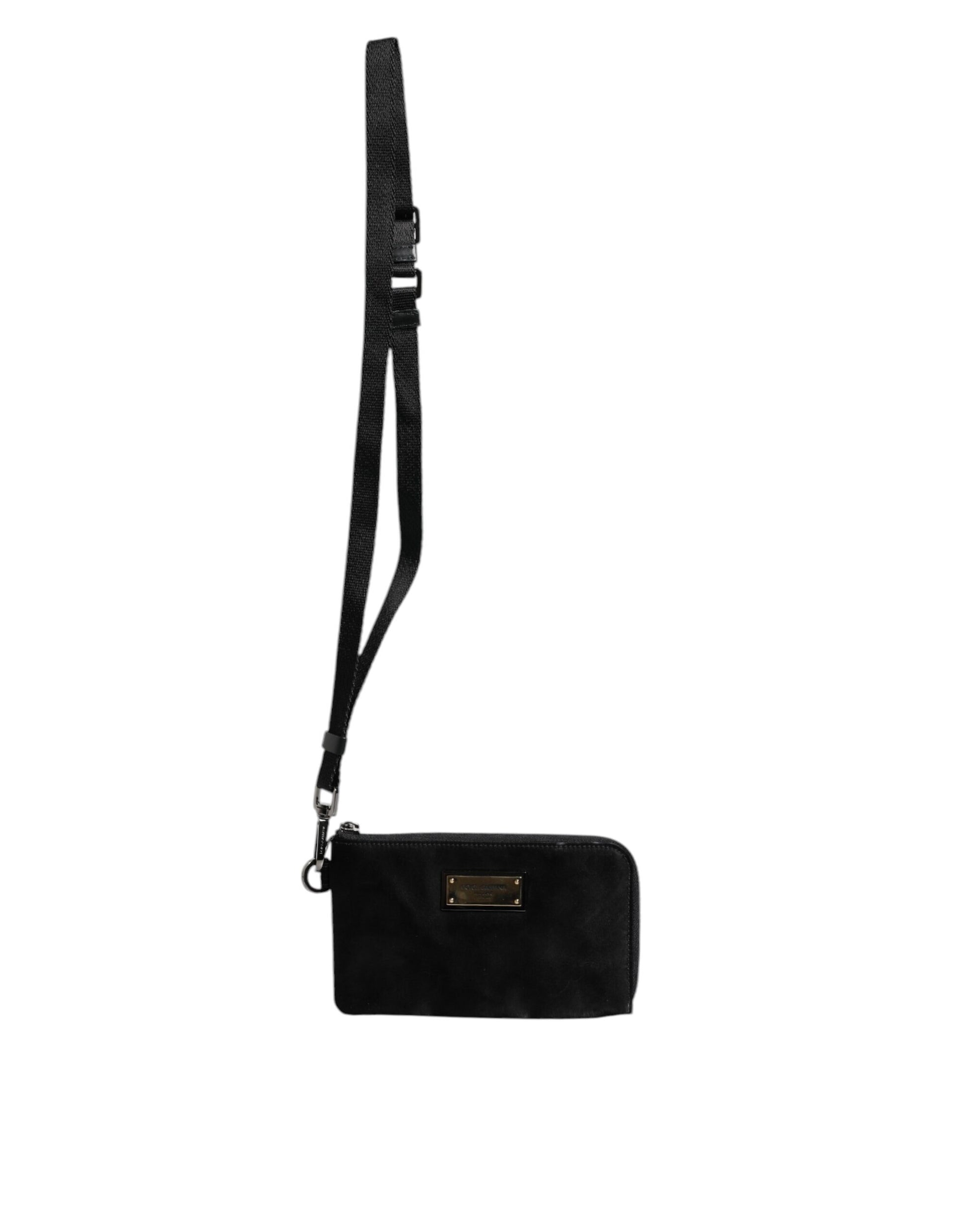 Schwarze Clutch aus Nylon mit Schlüsselring und Logo-Schild