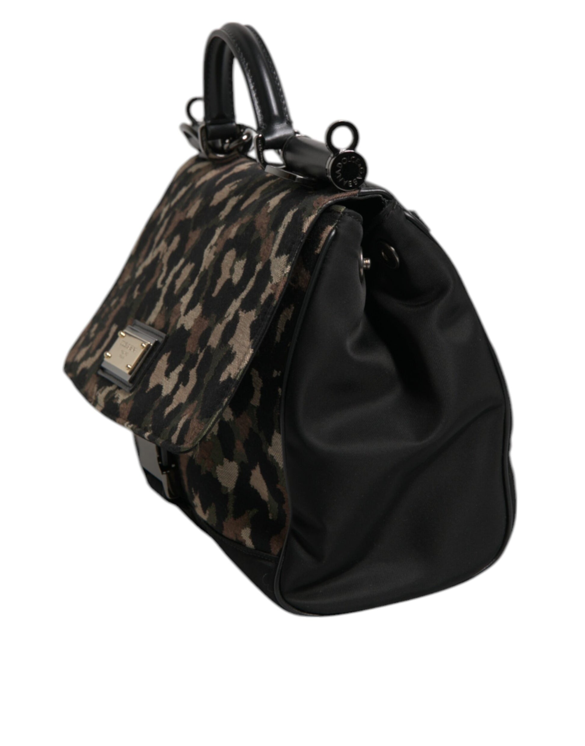 Braune Sicily-Tragetasche aus lackiertem Nylon mit Leopardenmuster