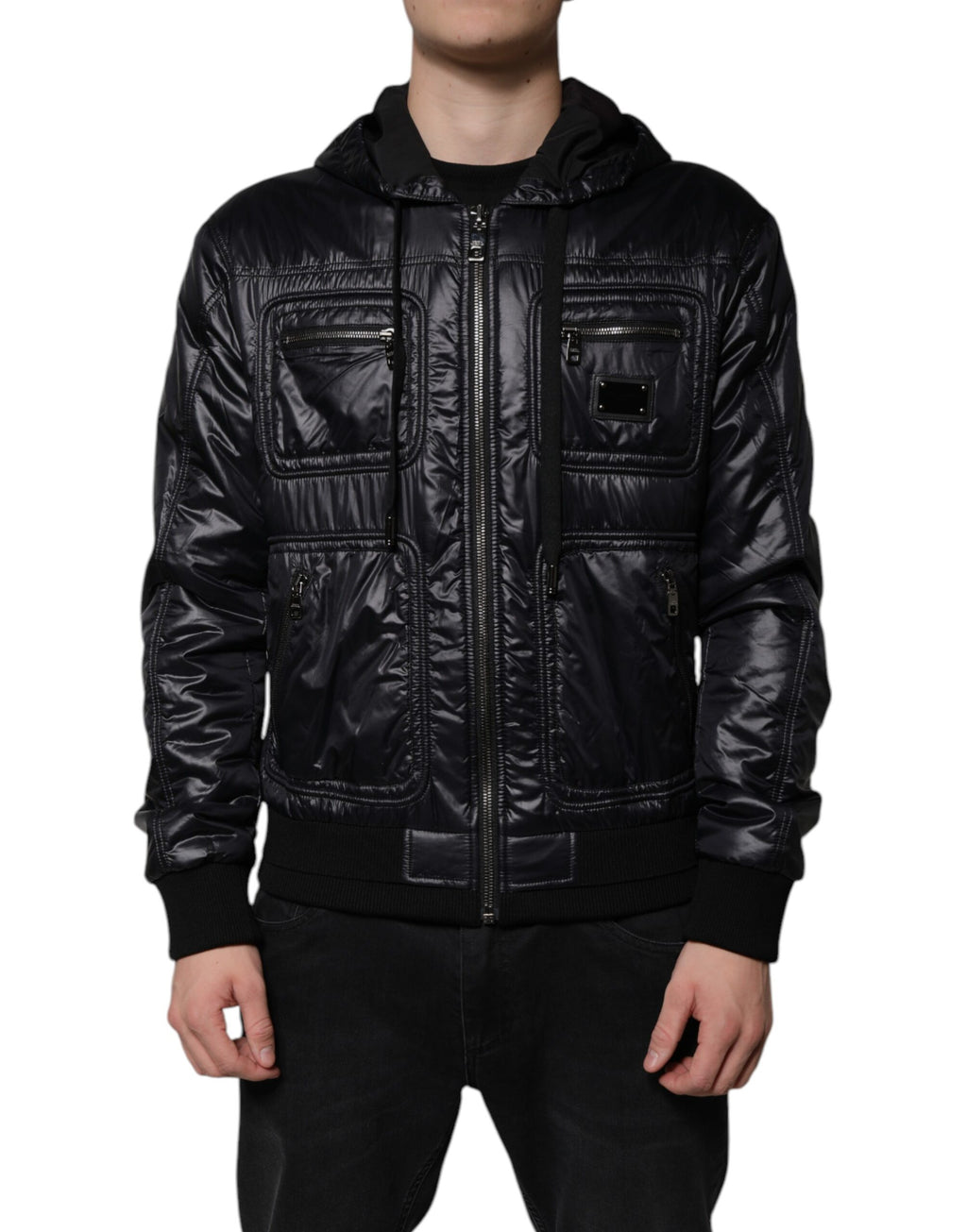 Schwarze Blousonjacke aus Nylon mit durchgehendem Reißverschluss und Kapuze