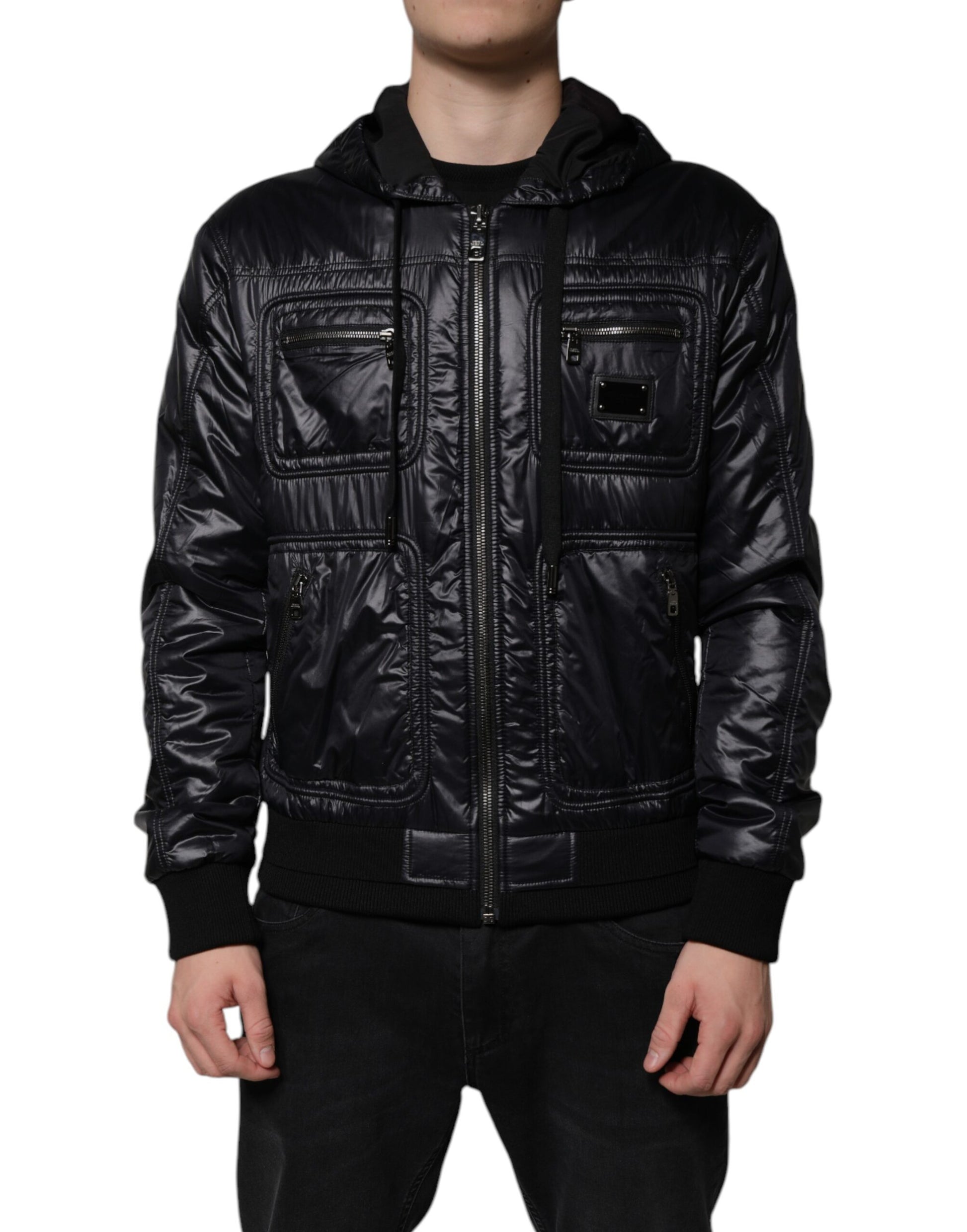 Schwarze Blousonjacke aus Nylon mit durchgehendem Reißverschluss und Kapuze