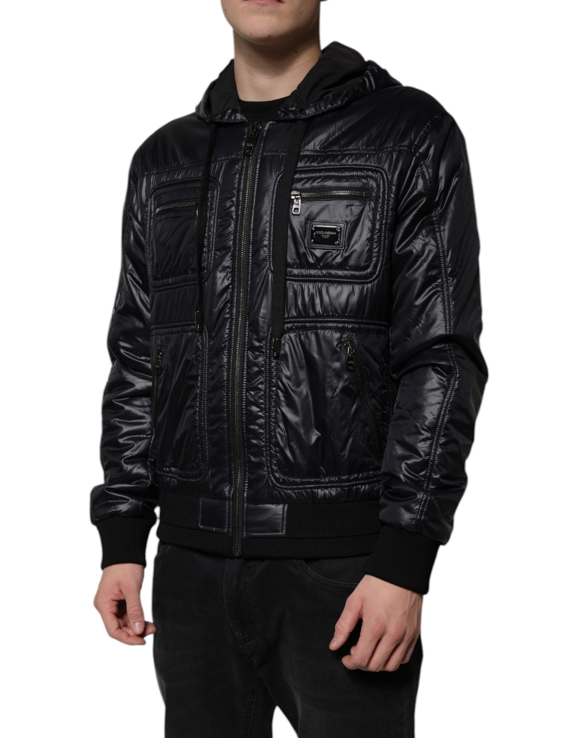 Schwarze Blousonjacke aus Nylon mit durchgehendem Reißverschluss und Kapuze
