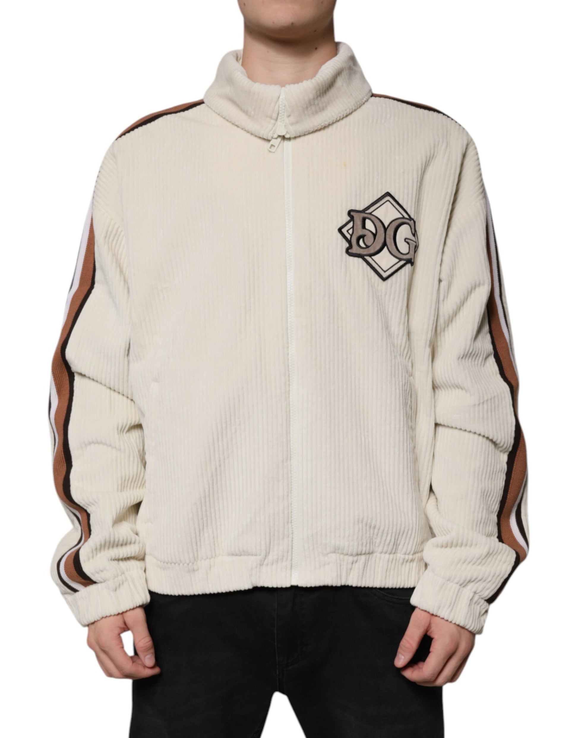 Beigefarbene Cordjacke aus Baumwollcord mit durchgehendem Reißverschluss und Logo-Applikation