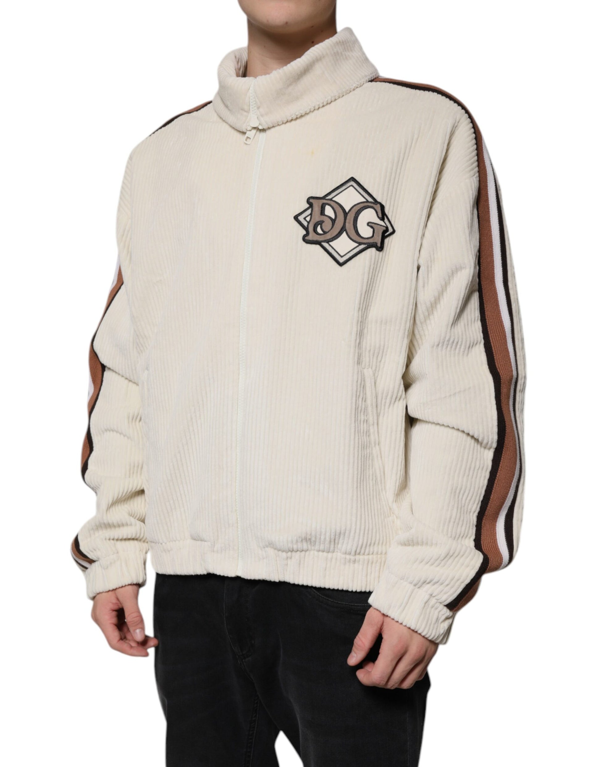 Beigefarbene Cordjacke aus Baumwollcord mit durchgehendem Reißverschluss und Logo-Applikation