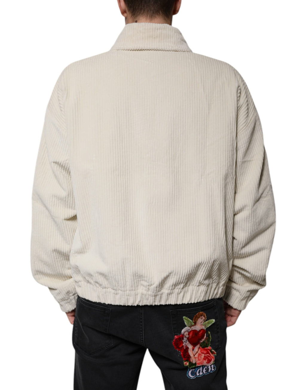 Beigefarbene Cordjacke aus Baumwollcord mit durchgehendem Reißverschluss und Logo-Applikation