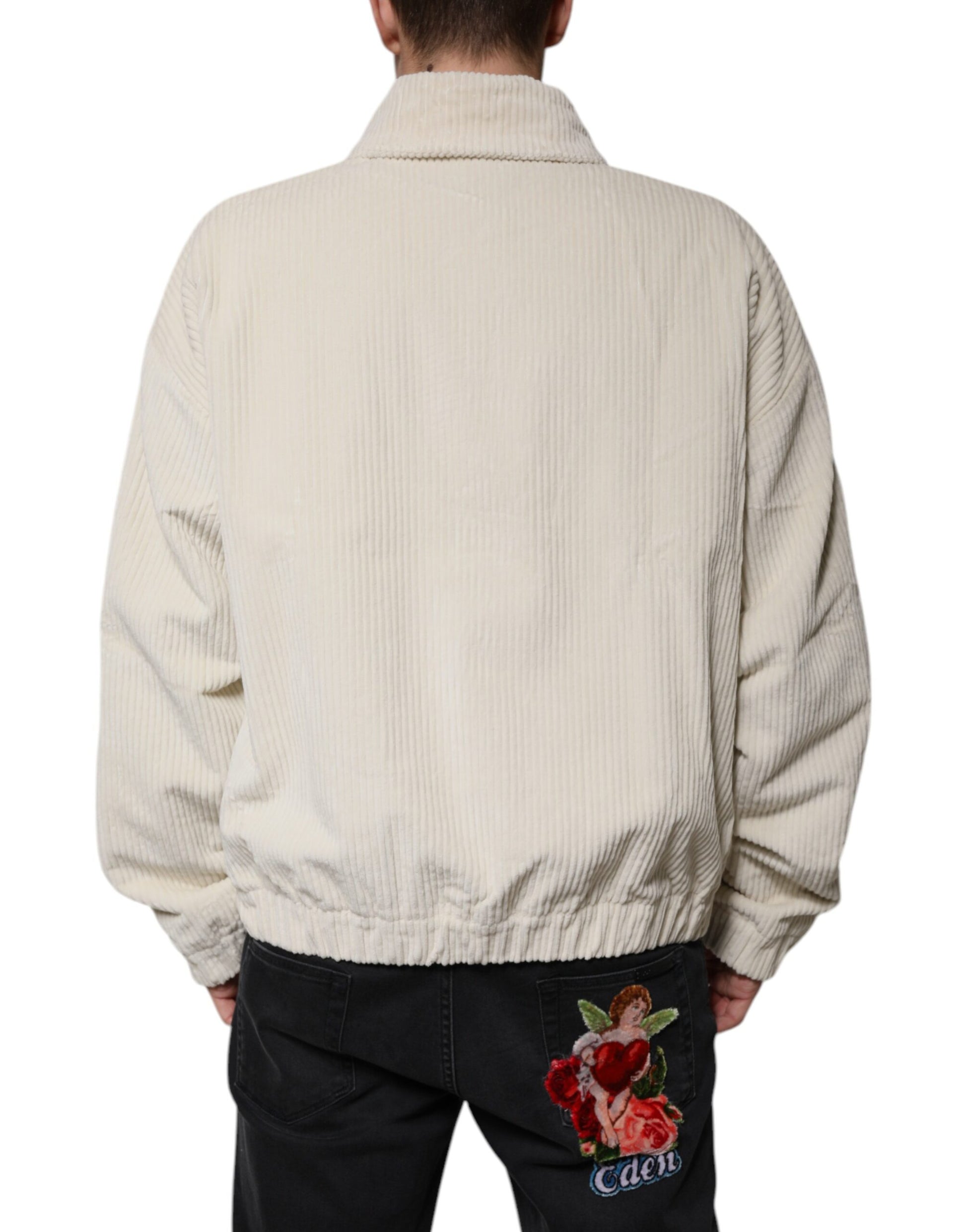 Beigefarbene Cordjacke aus Baumwollcord mit durchgehendem Reißverschluss und Logo-Applikation