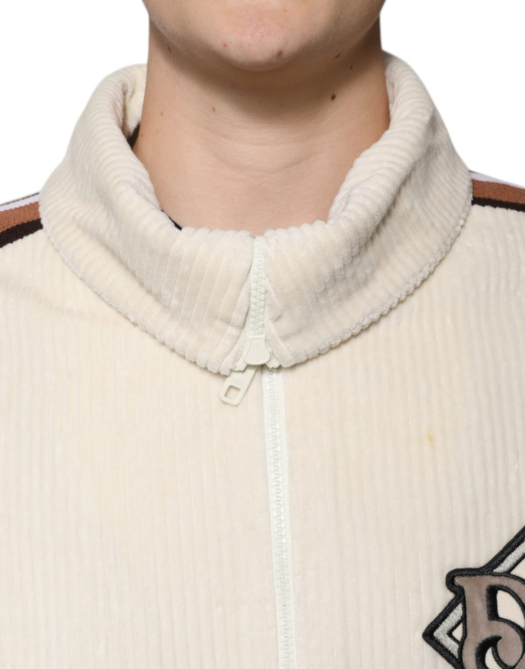 Beigefarbene Cordjacke aus Baumwollcord mit durchgehendem Reißverschluss und Logo-Applikation