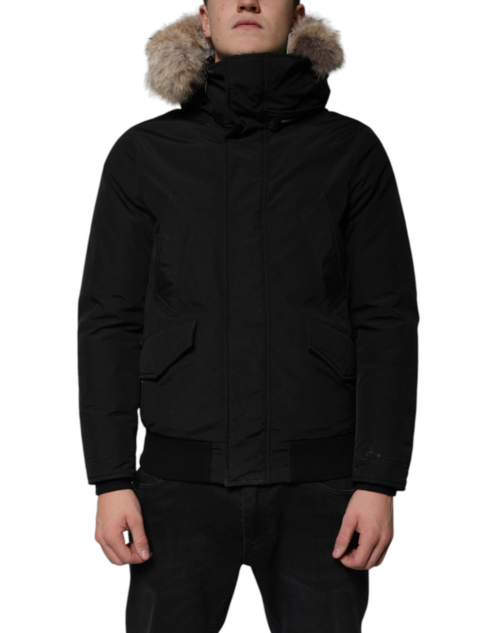 Schwarze, langärmlige Pelz-Lammfell-Manteljacke mit Kapuze
