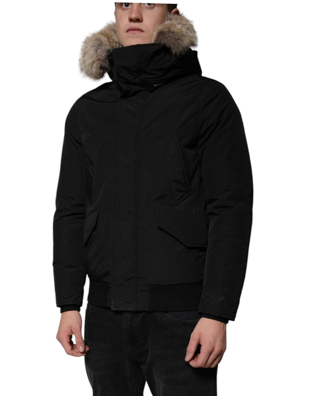 Schwarze, langärmlige Pelz-Lammfell-Manteljacke mit Kapuze
