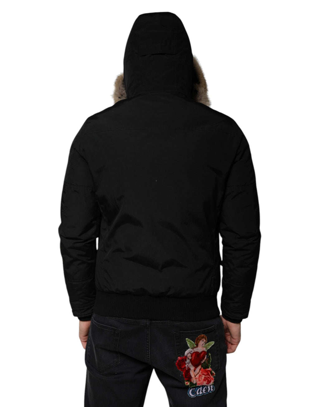 Schwarze, langärmlige Pelz-Lammfell-Manteljacke mit Kapuze