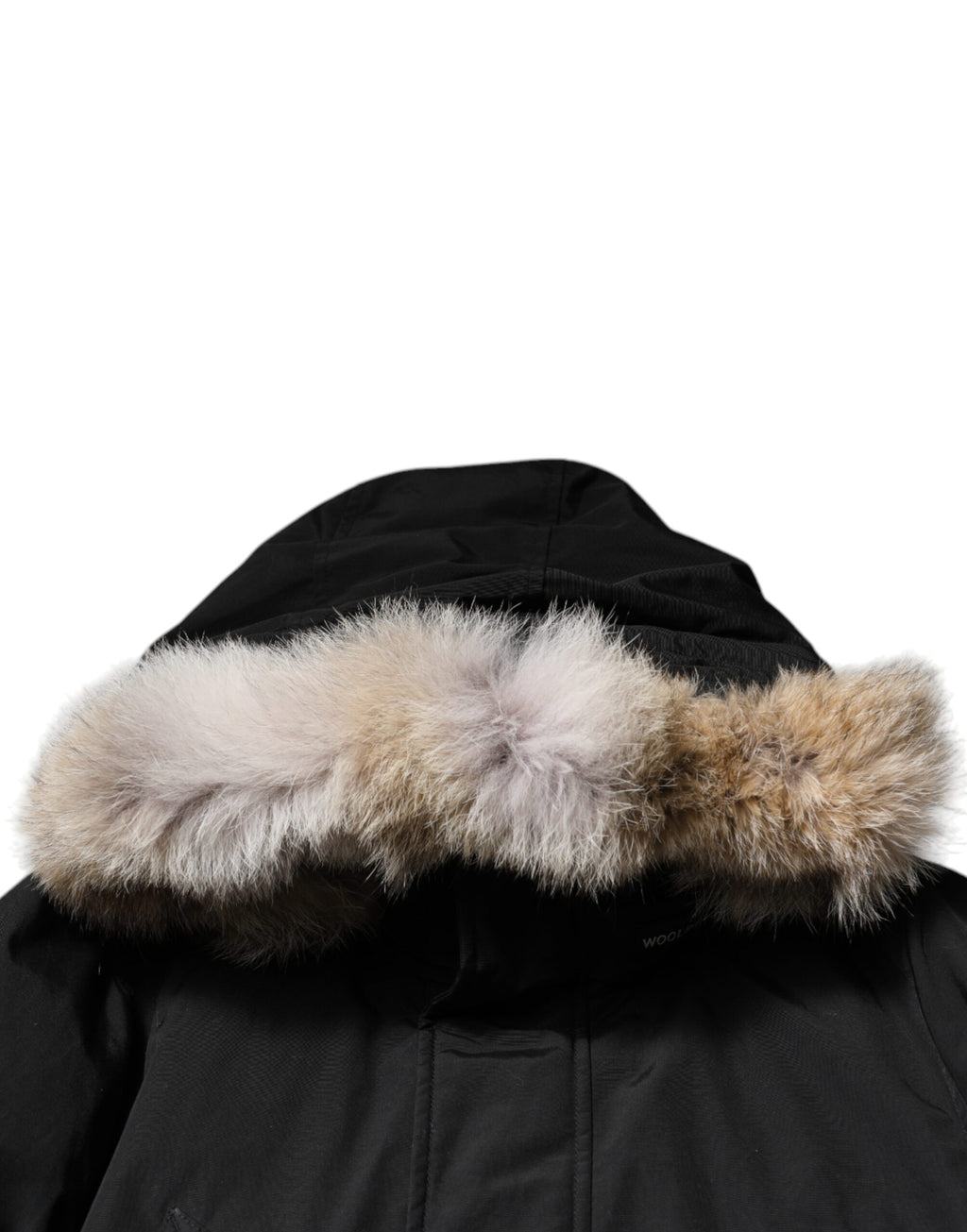 Schwarze, langärmlige Pelz-Lammfell-Manteljacke mit Kapuze