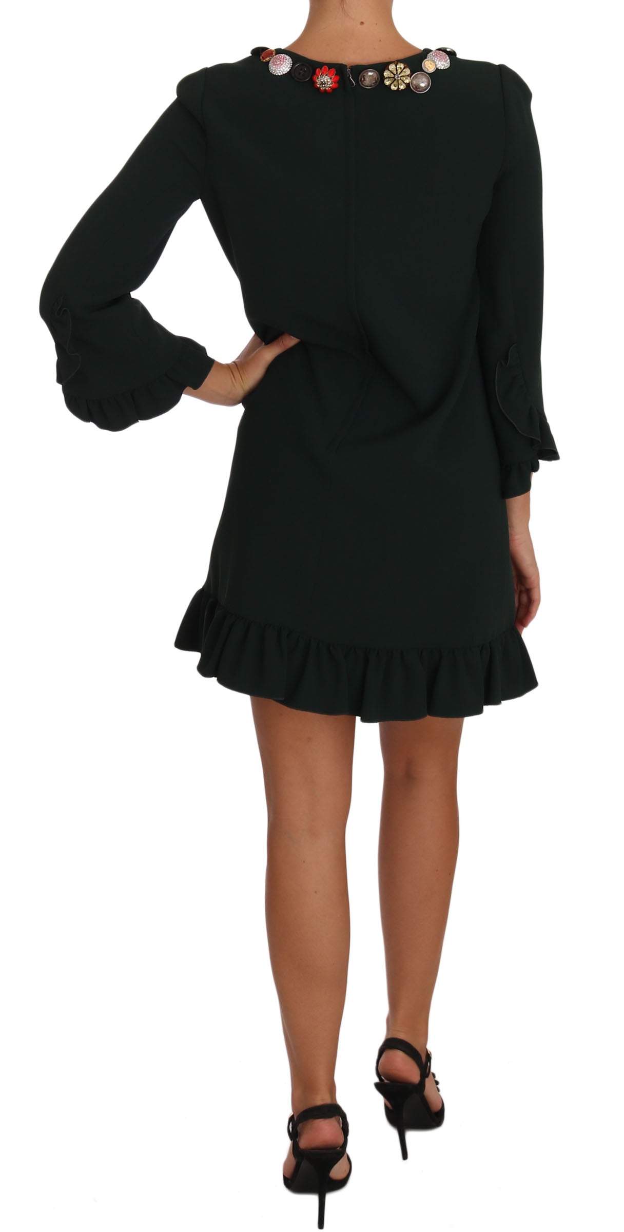 Grünes, kurzes Stretch-A-Linienkleid mit Kristallen
