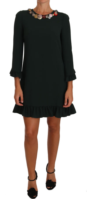 Grünes, kurzes Stretch-A-Linienkleid mit Kristallen