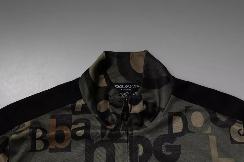 Armygrüner Polyester-Pullover mit durchgehendem Reißverschluss und Logo