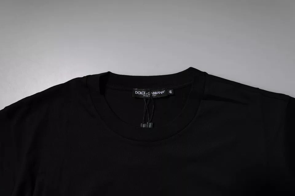 Schwarzes Baumwoll-T-Shirt mit Rundhalsausschnitt und Logo-Patch