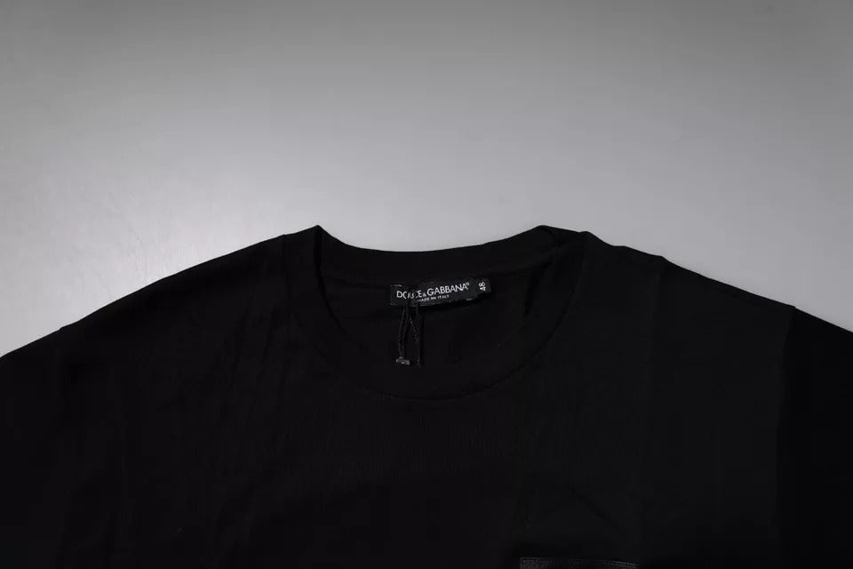 Schwarzes Baumwoll-T-Shirt mit Rundhalsausschnitt und Logo-Patch