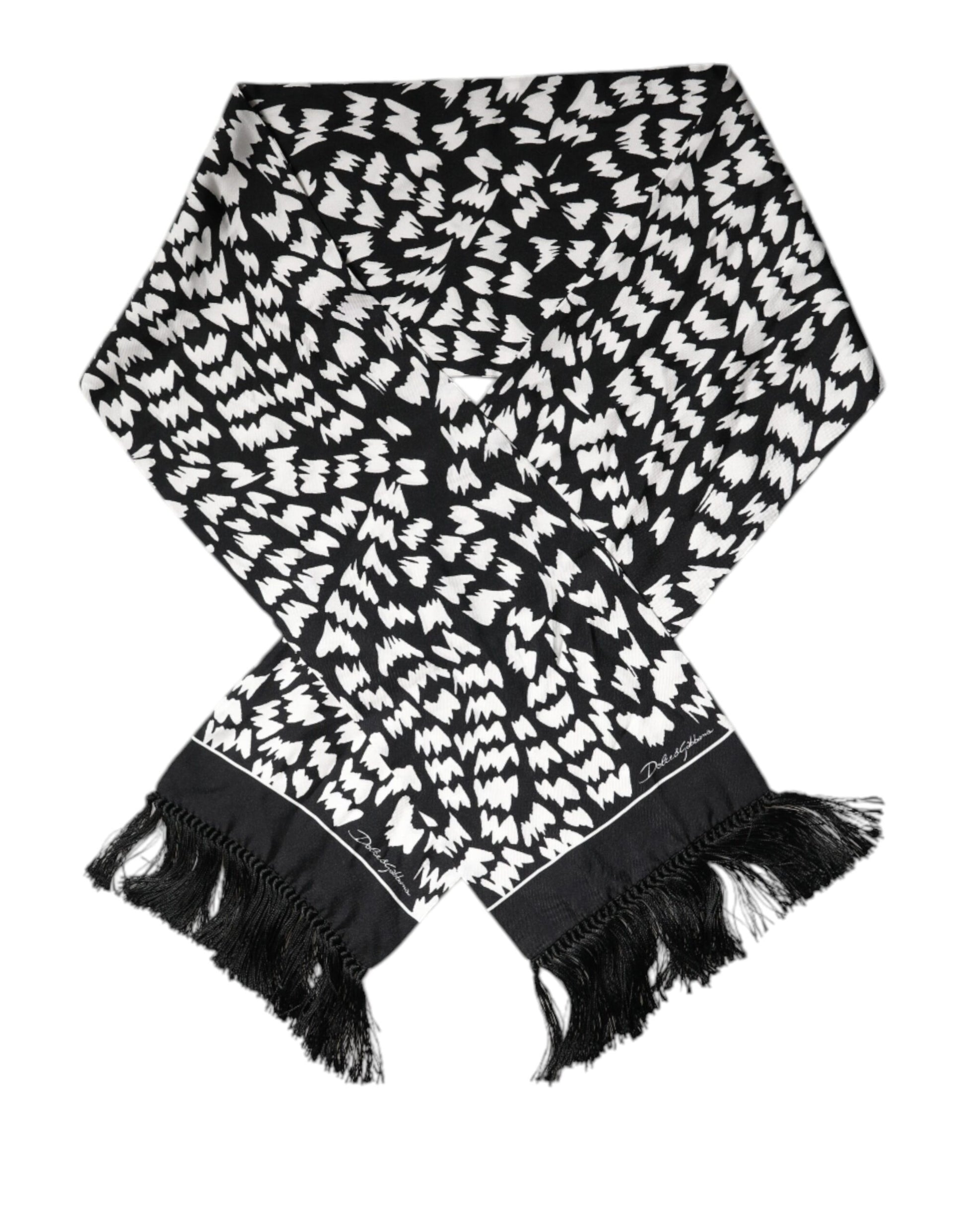 Dolce & Gabbana Black White Patterned Fringes Shawl Scarf