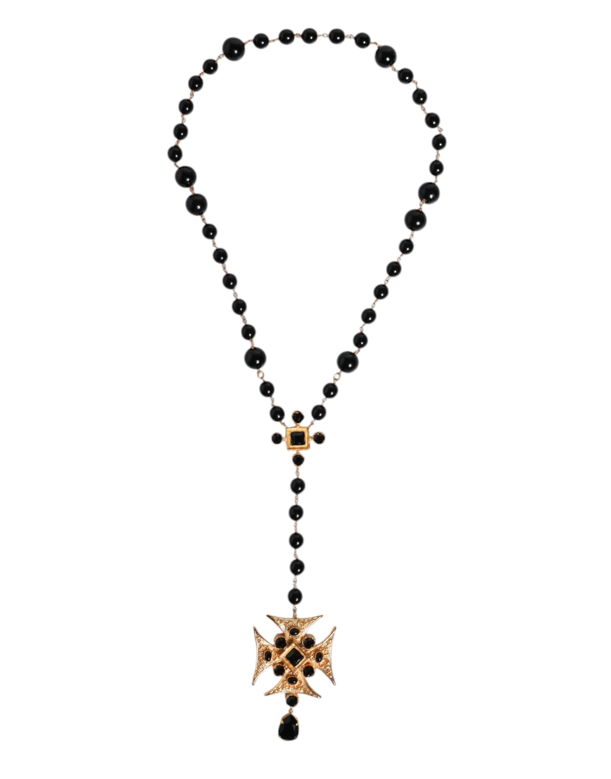 Goldfarbene Rosenkranzkette aus Messing mit Kreuz und schwarzen Perlen