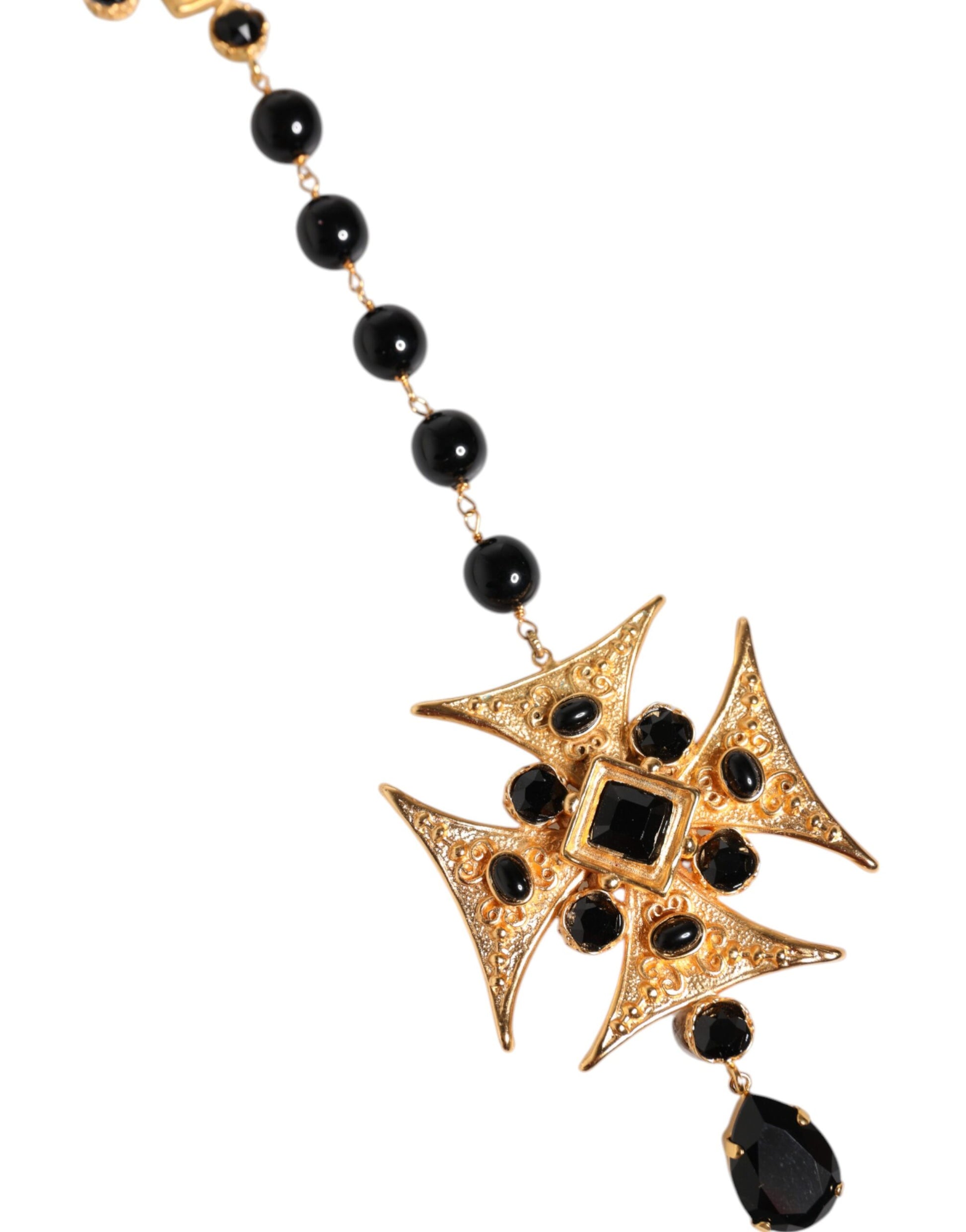 Goldfarbene Rosenkranzkette aus Messing mit Kreuz und schwarzen Perlen