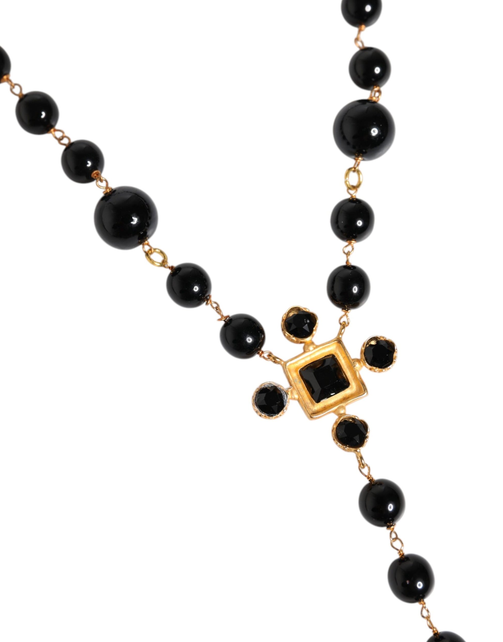 Goldfarbene Rosenkranzkette aus Messing mit Kreuz und schwarzen Perlen