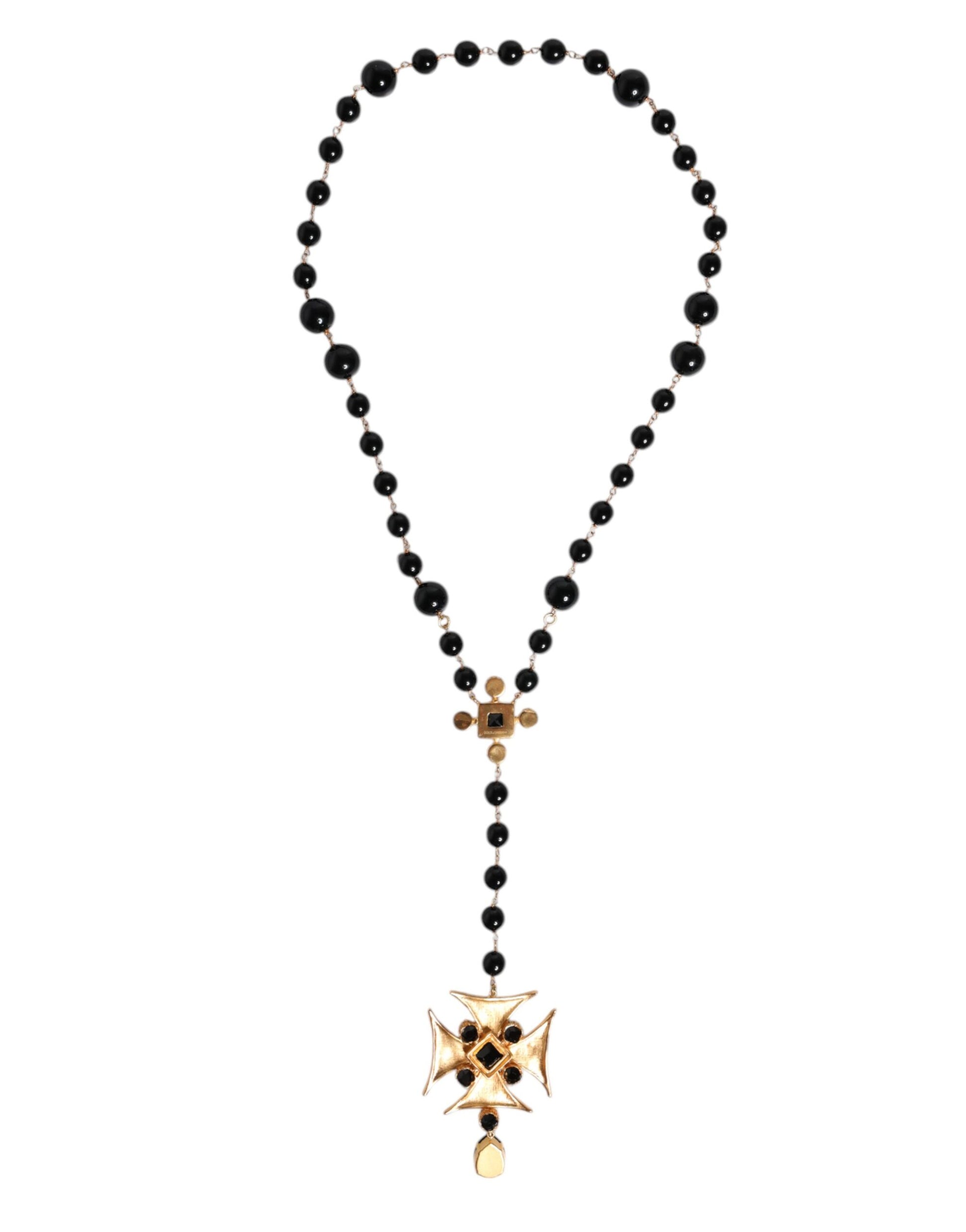Goldfarbene Rosenkranzkette aus Messing mit Kreuz und schwarzen Perlen