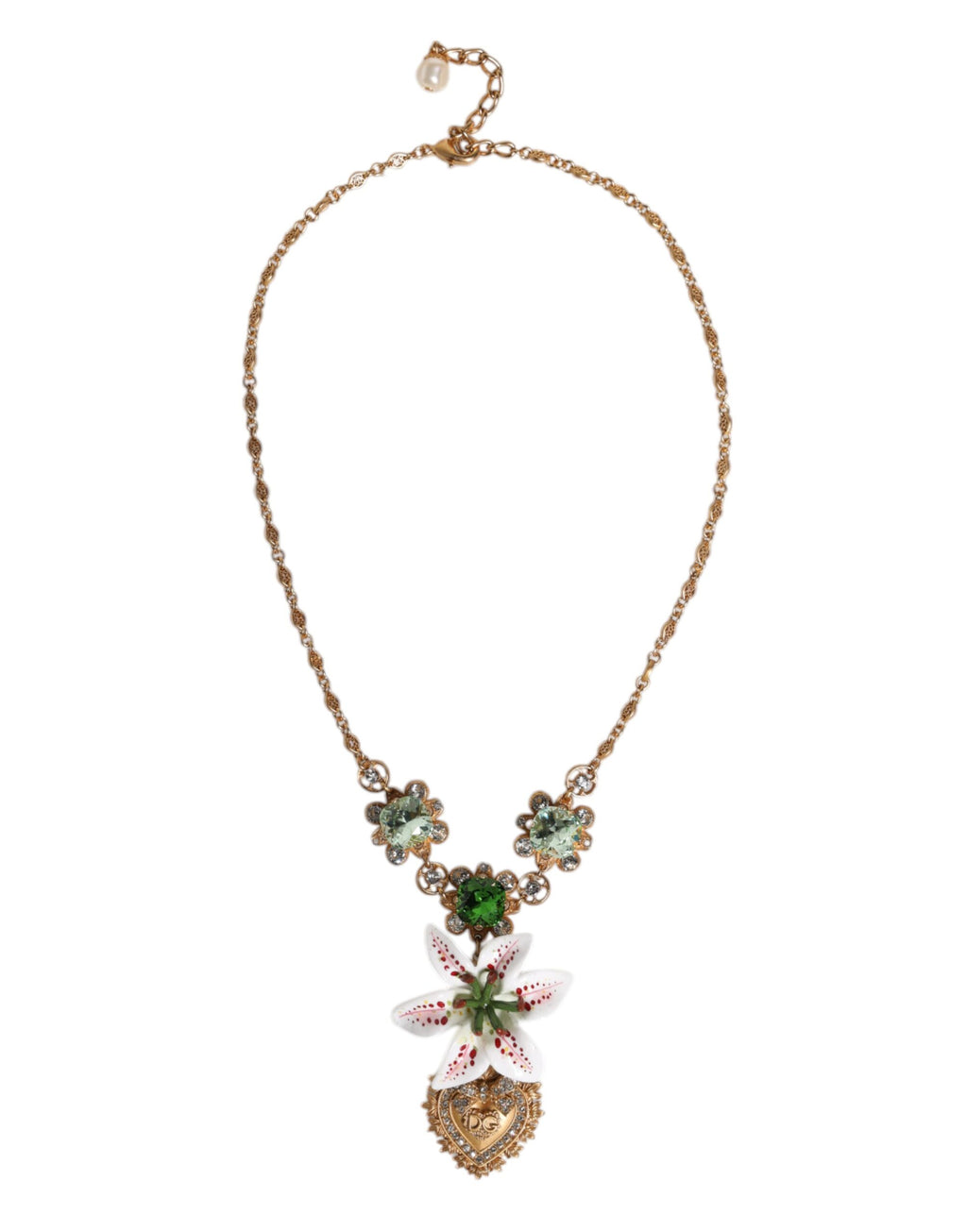 Gold Brass Lily Crystal Sacred Heart Pendant Necklace