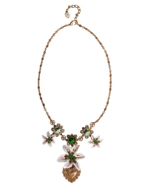 Gold Brass Lily Crystal Sacred Heart Pendant Necklace