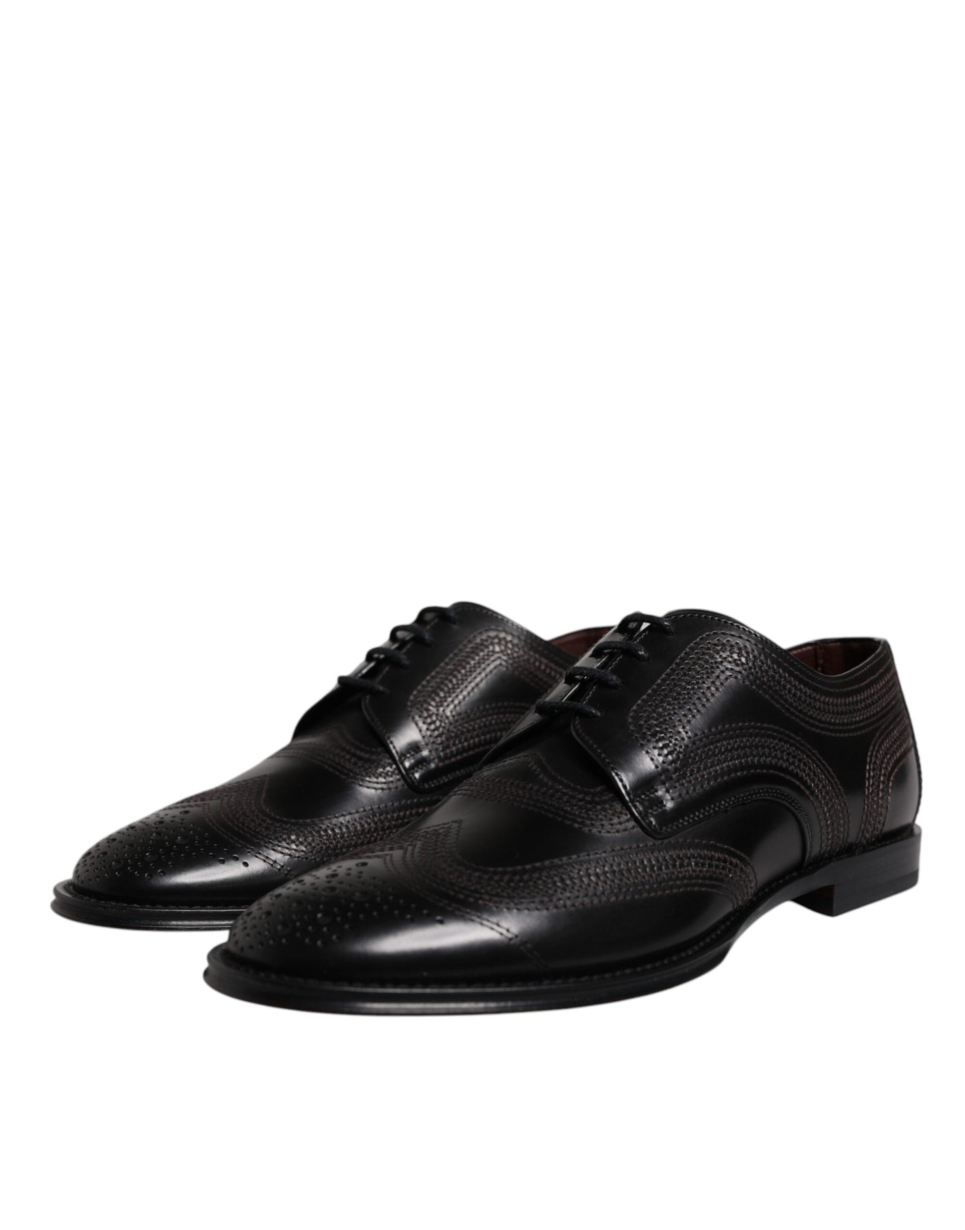 Schwarze, bestickte, klassische Derby-Schuhe aus Leder