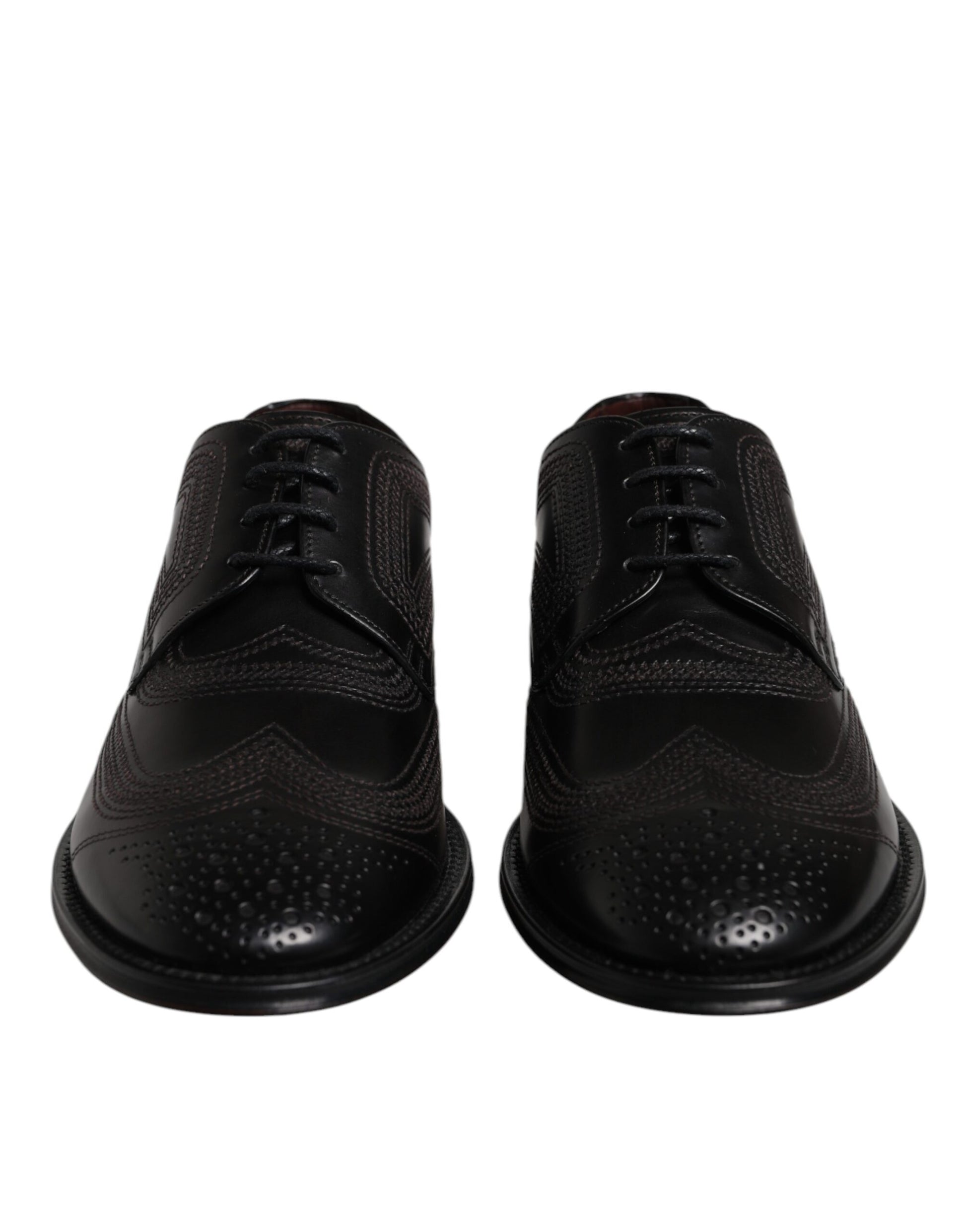 Schwarze, bestickte, klassische Derby-Schuhe aus Leder