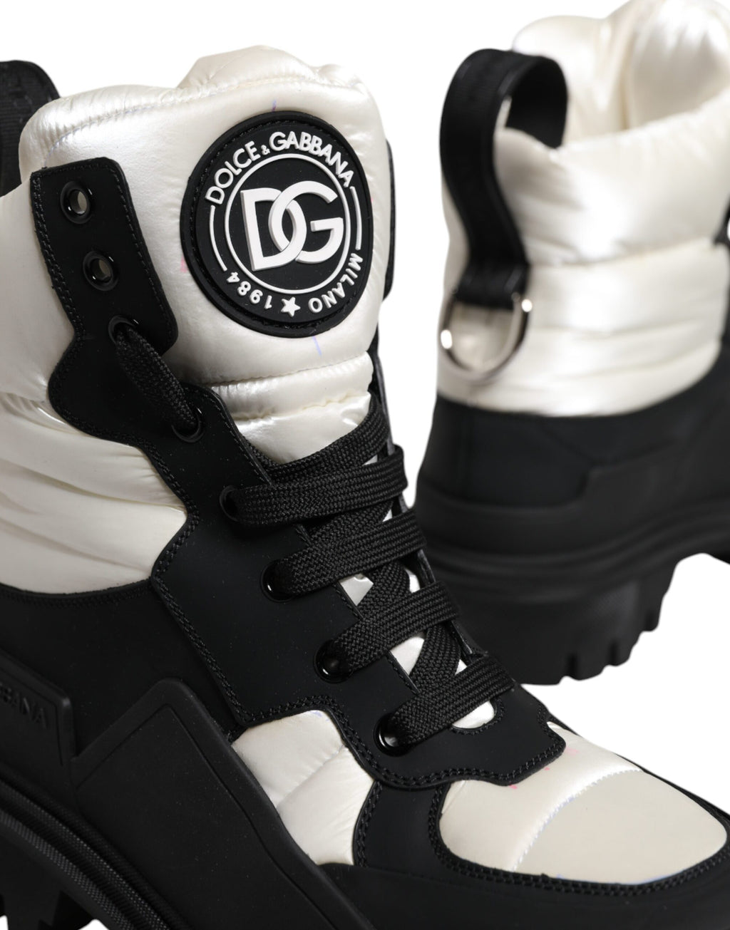 Dolce & Gabbana Black White Padded Mid Calf Lace Up Boots Shoes