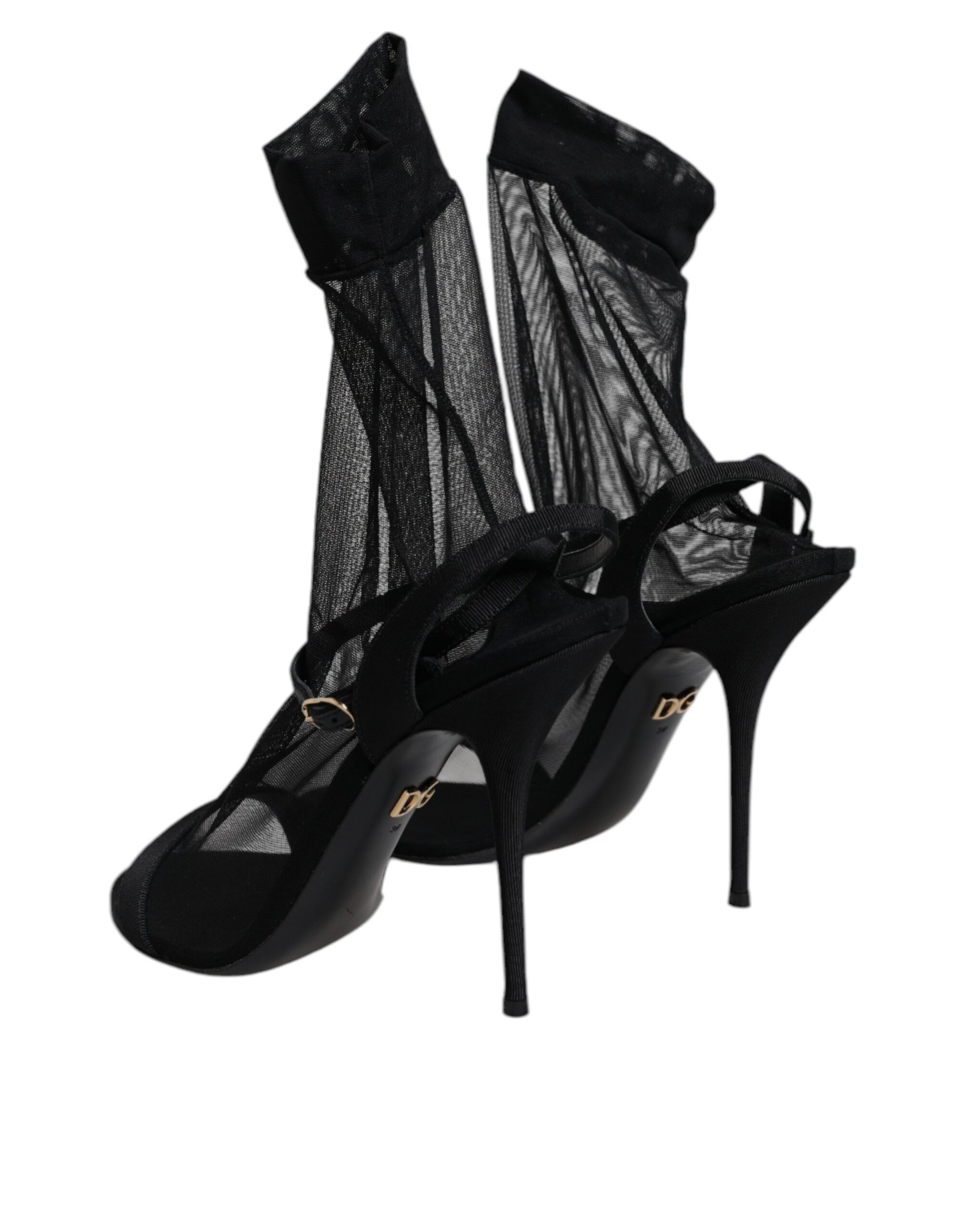 Dolce & Gabbana Black Tulle Stretch Heels Sandals Shoes