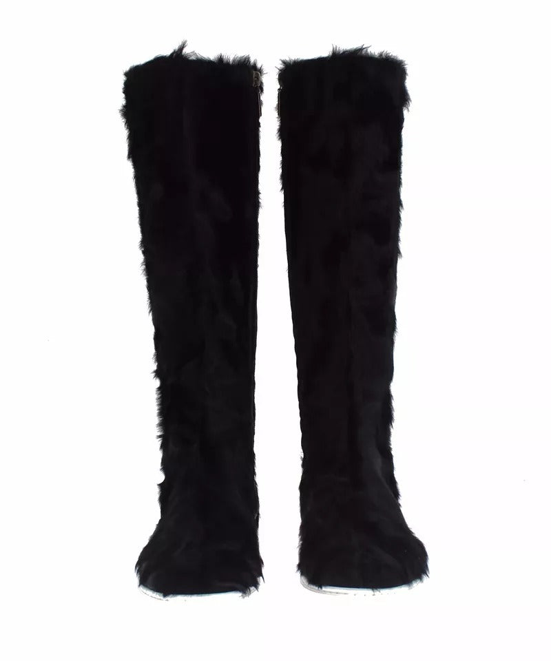 Dolce & Gabbana Black Xiangao Lamb Fur Leather Boots Shoes